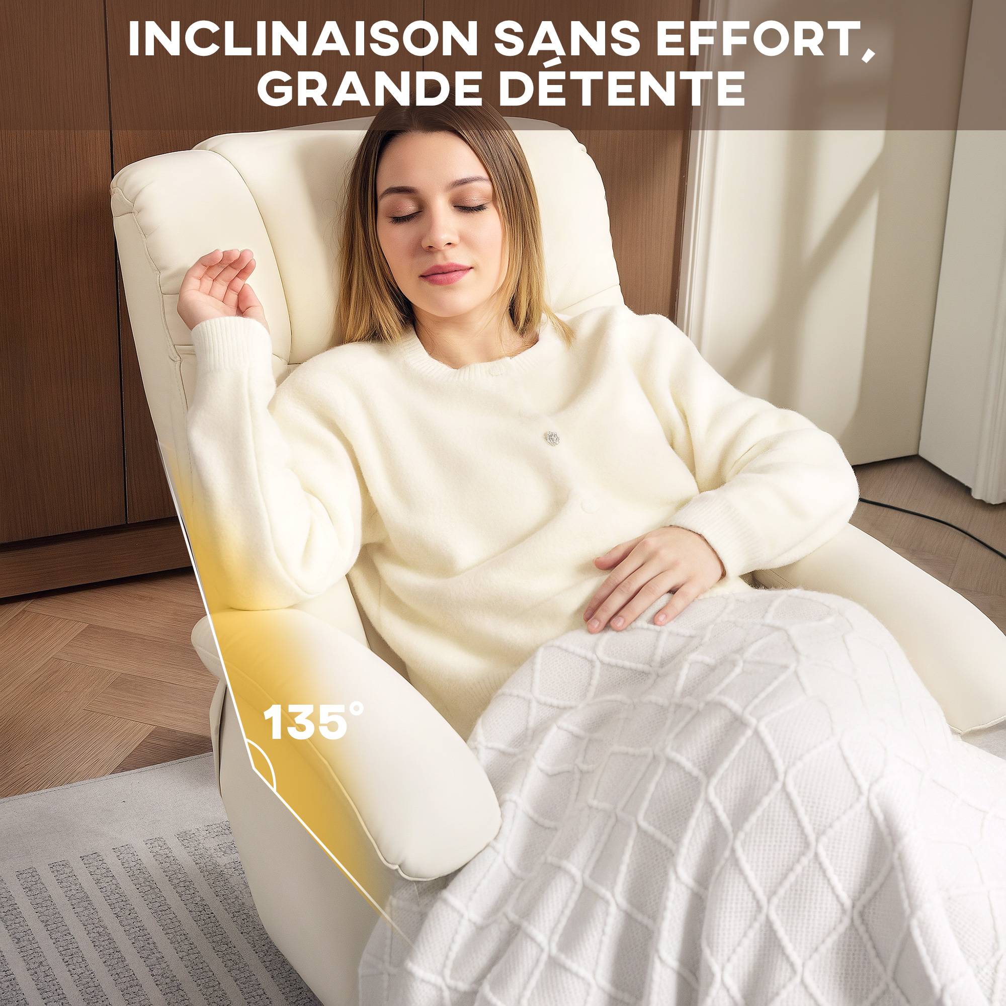 Fauteuil relax avec repose-pied fauteuil de relaxation pivotant 360° dossier inclinable charge 120 Kg crème - Image 6