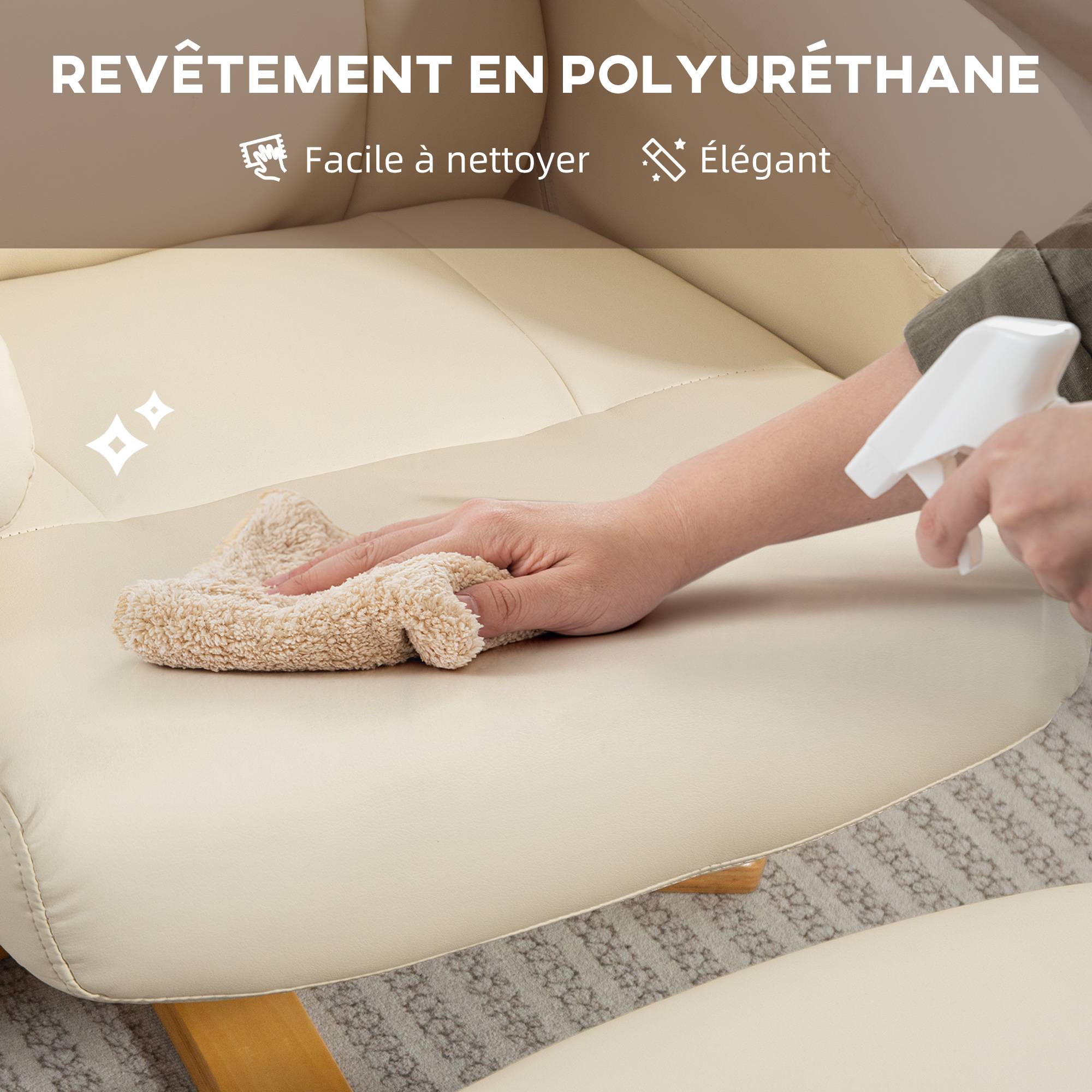 Fauteuil relax avec repose-pied fauteuil de relaxation pivotant 360° dossier inclinable charge 120 Kg crème - Image 9