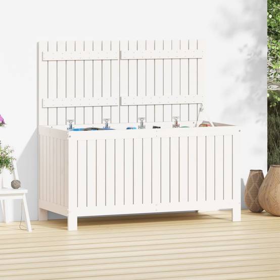 Boîte de Rangement de Jardin en Bois de Pin Massif avec Couvercle à Vérin pour Terrasse Blanc 121 cm – ComfortXL Outdoor Living - Image 1