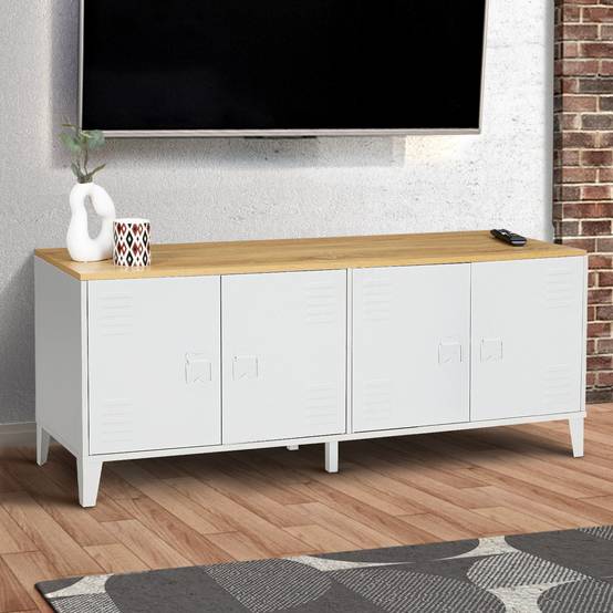 Buffet bas 140 cm ESTER 4 portes métal blanc plateau bois design industriel - Image 1