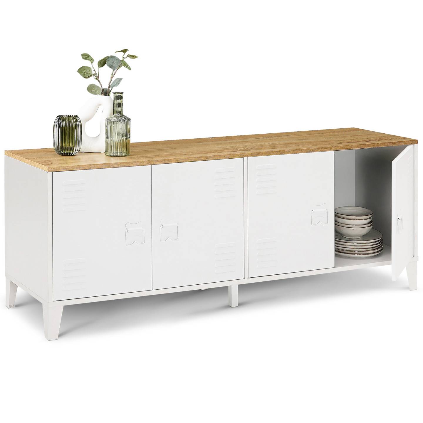Buffet bas 140 cm ESTER 4 portes métal blanc plateau bois design industriel - Image 4