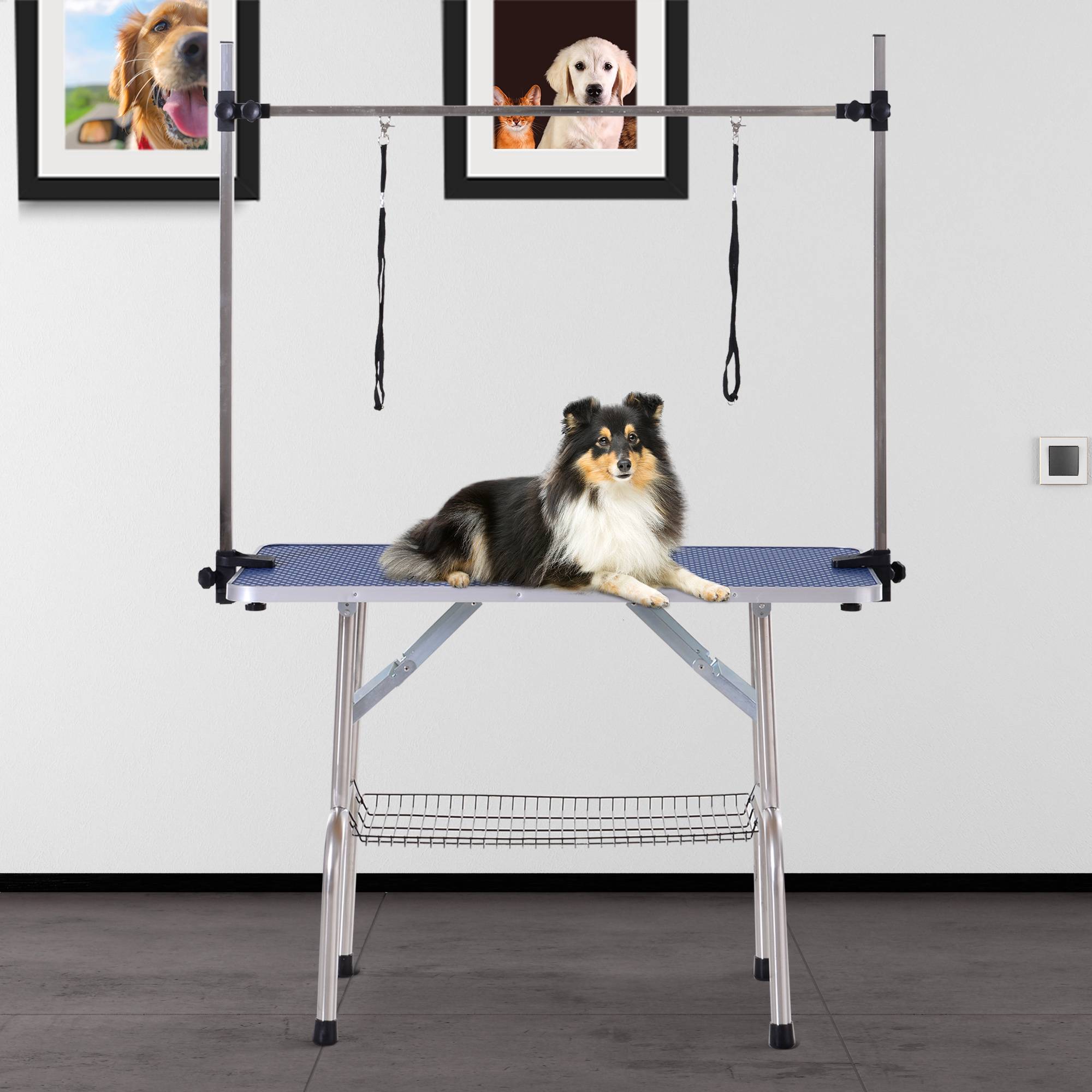 Sans Marque - Table de toilettage pour animaux, table de toilettage pliante avec étagère de rangement, structure en acier, hauteur réglable, 107 x 60 x 170 cm - Image 3