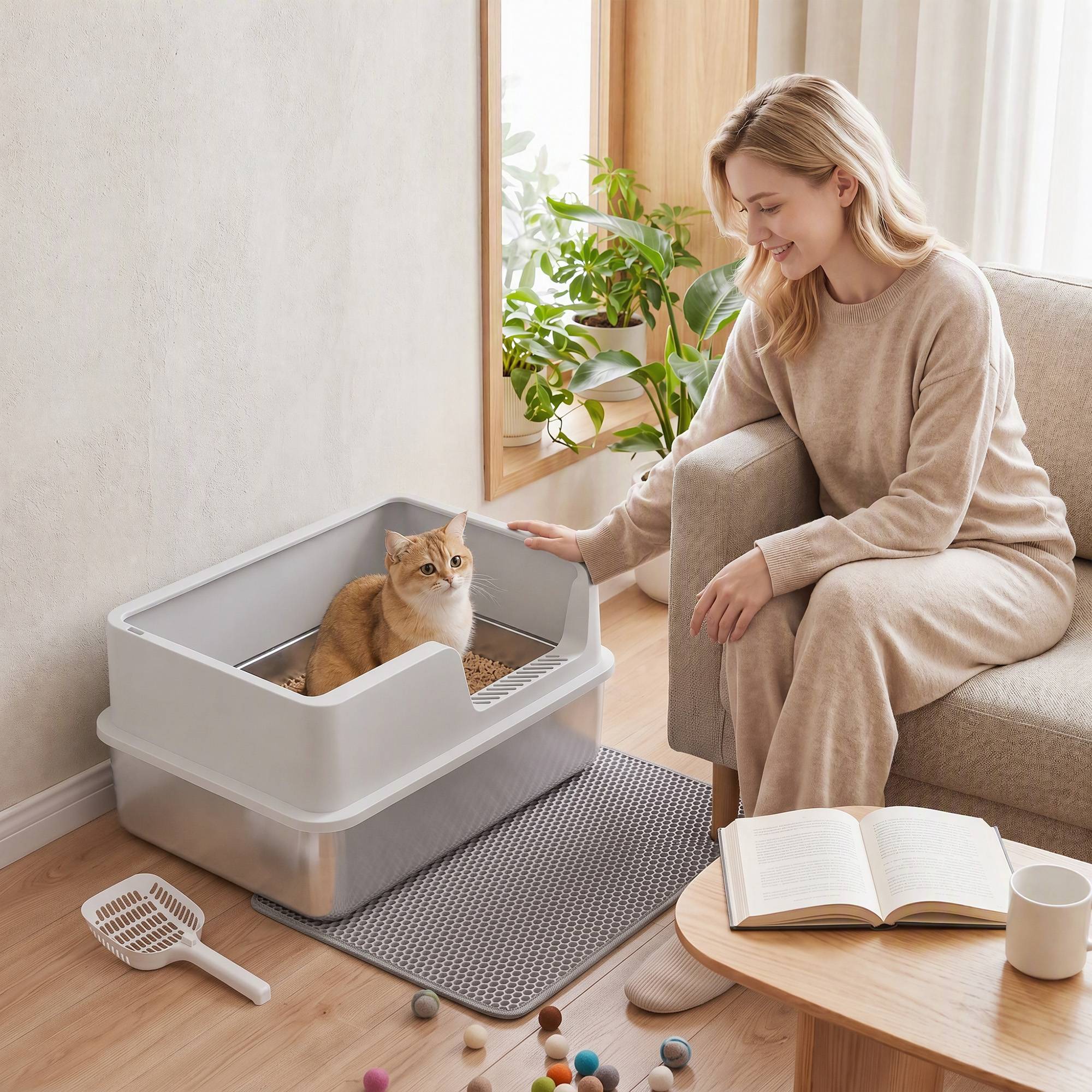ComfortXL - Bac à litière XL en acier inoxydable 60 x 40 x 30 cm gris clair pour chat avec rebords anti-projections - Image 8