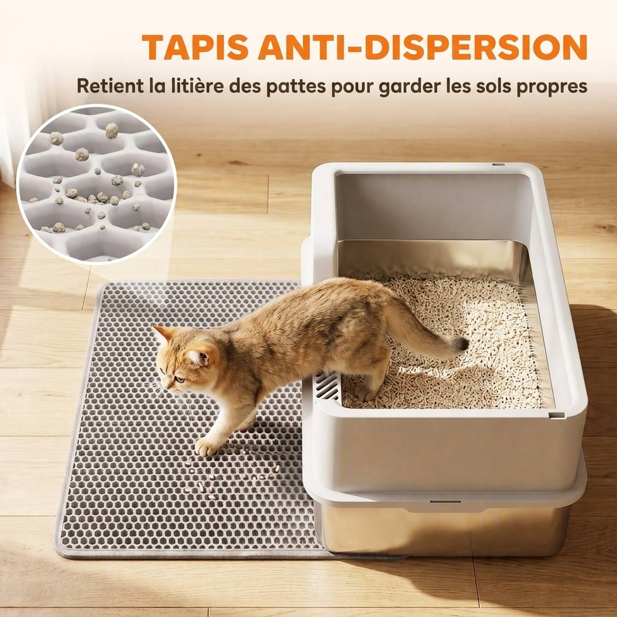 ComfortXL - Bac à litière XL en acier inoxydable 60 x 40 x 30 cm gris clair pour chat avec rebords anti-projections - Image 7