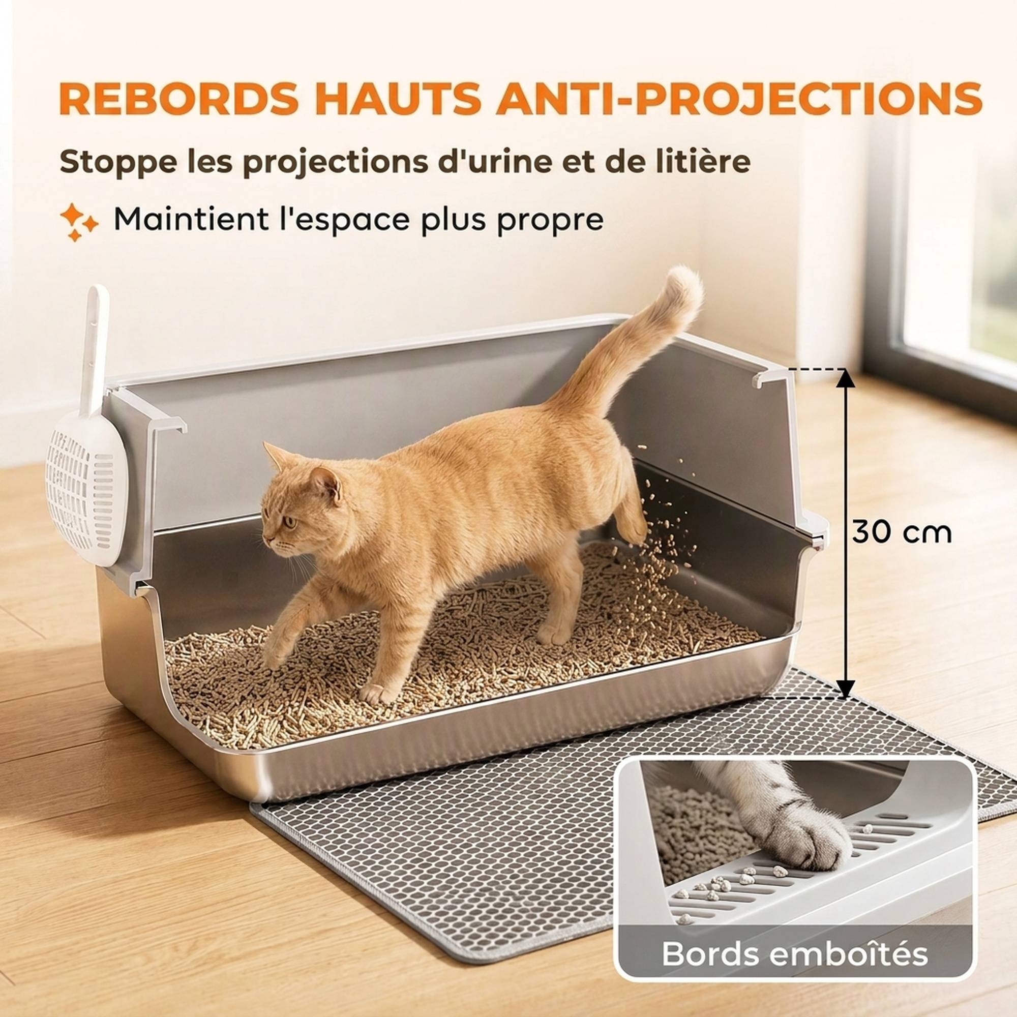 ComfortXL - Bac à litière XL en acier inoxydable 60 x 40 x 30 cm gris clair pour chat avec rebords anti-projections - Image 6