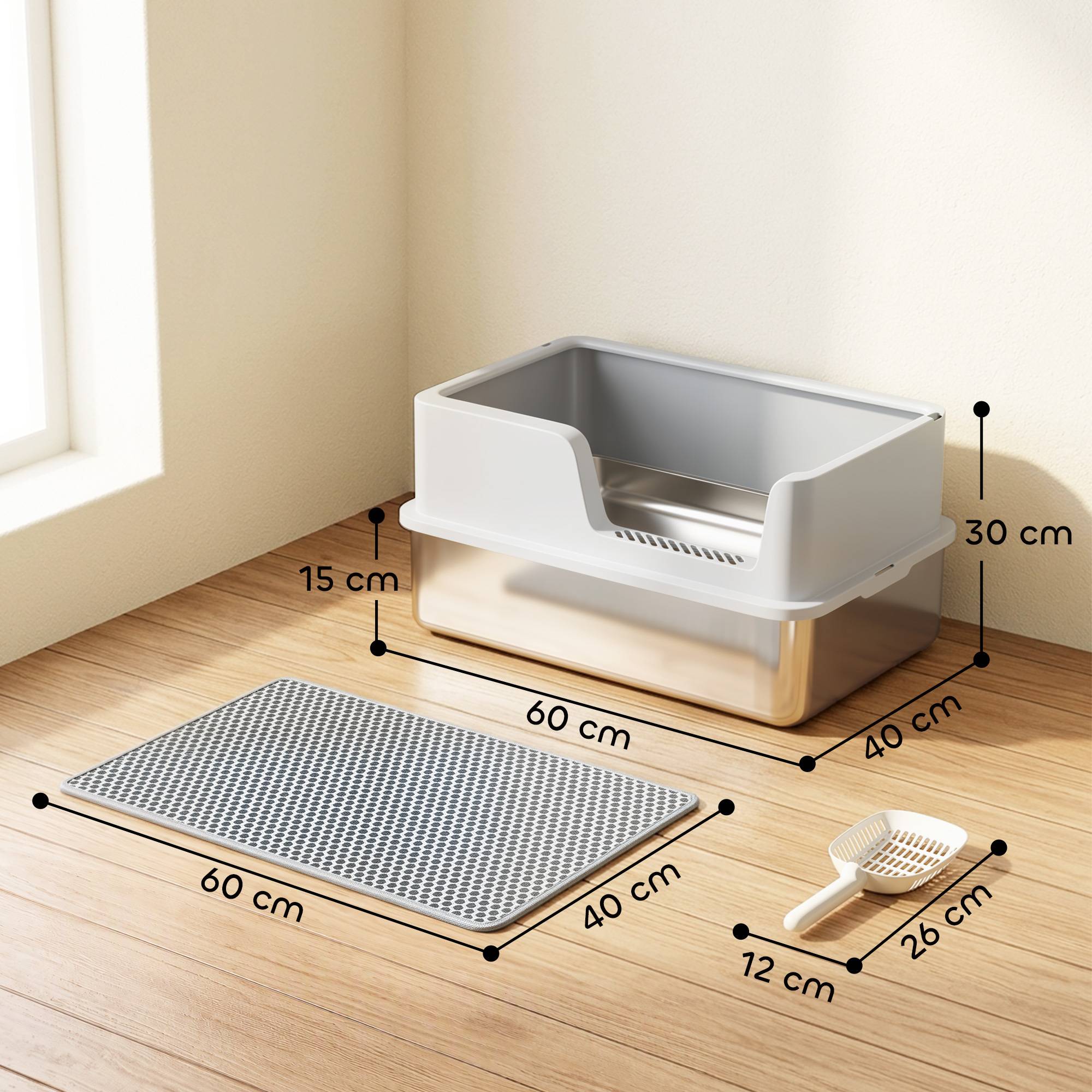 ComfortXL - Bac à litière XL en acier inoxydable 60 x 40 x 30 cm gris clair pour chat avec rebords anti-projections - Image 3