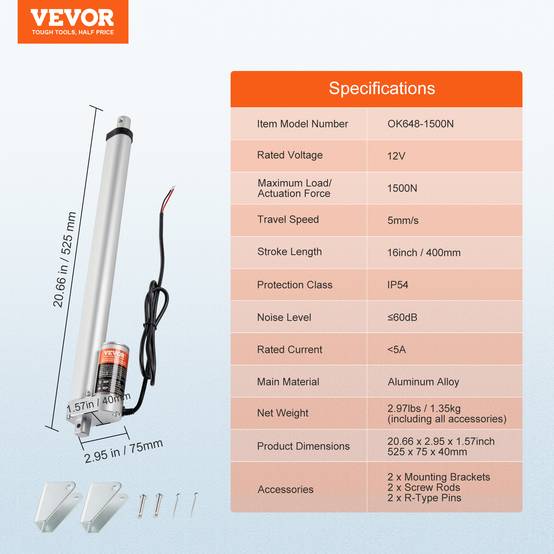 Vevor - VEVOR Actionneur linéaire 12V 400mm 1500N 5mm/s, IP54, pour meubles, automatisation, équipements mécaniques. - Image 7