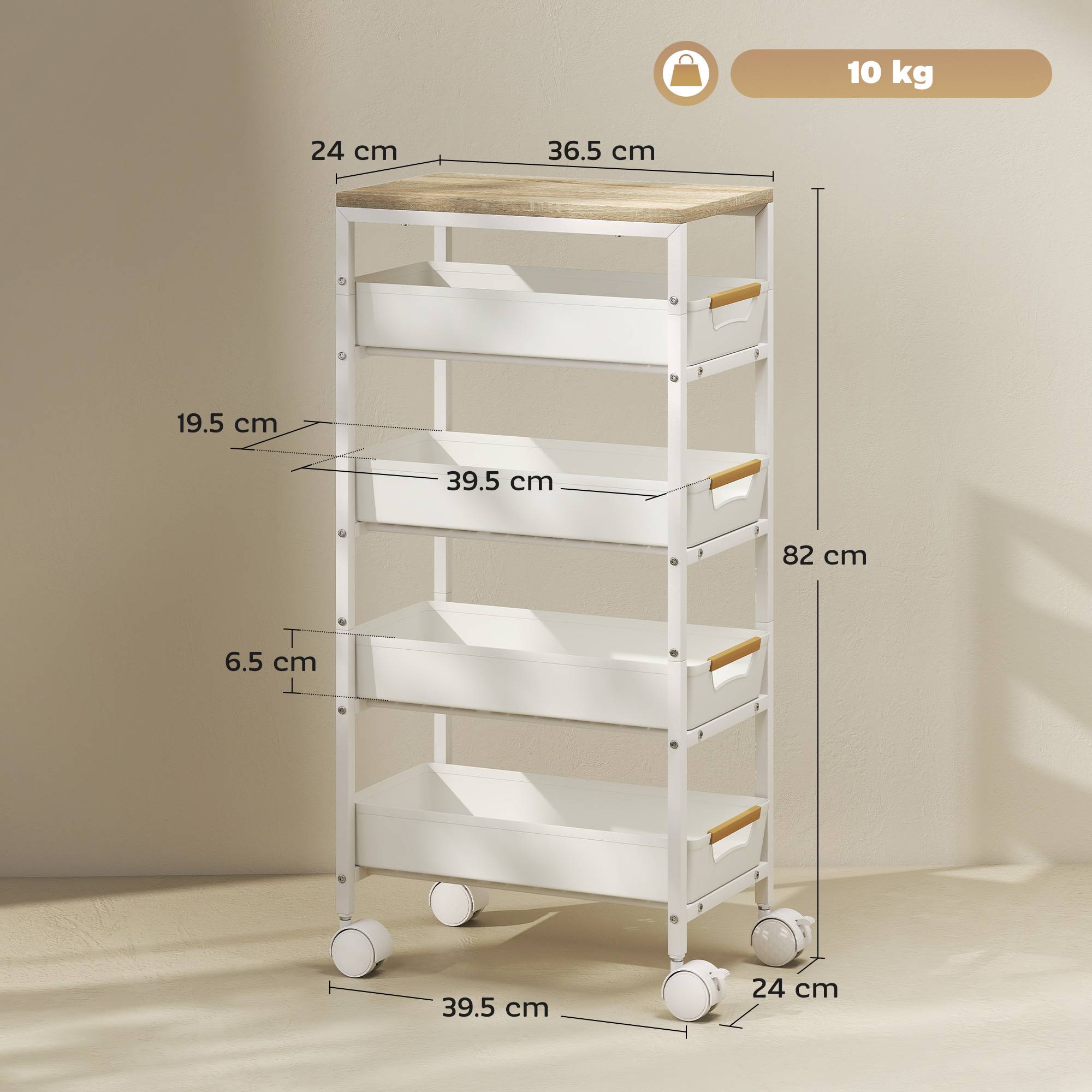Sans Marque - Chariot cuisine 5 niveaux 4 paniers amovibles métal polypropylène bois 39,5x24x82 cm blanc chêne - Image 5