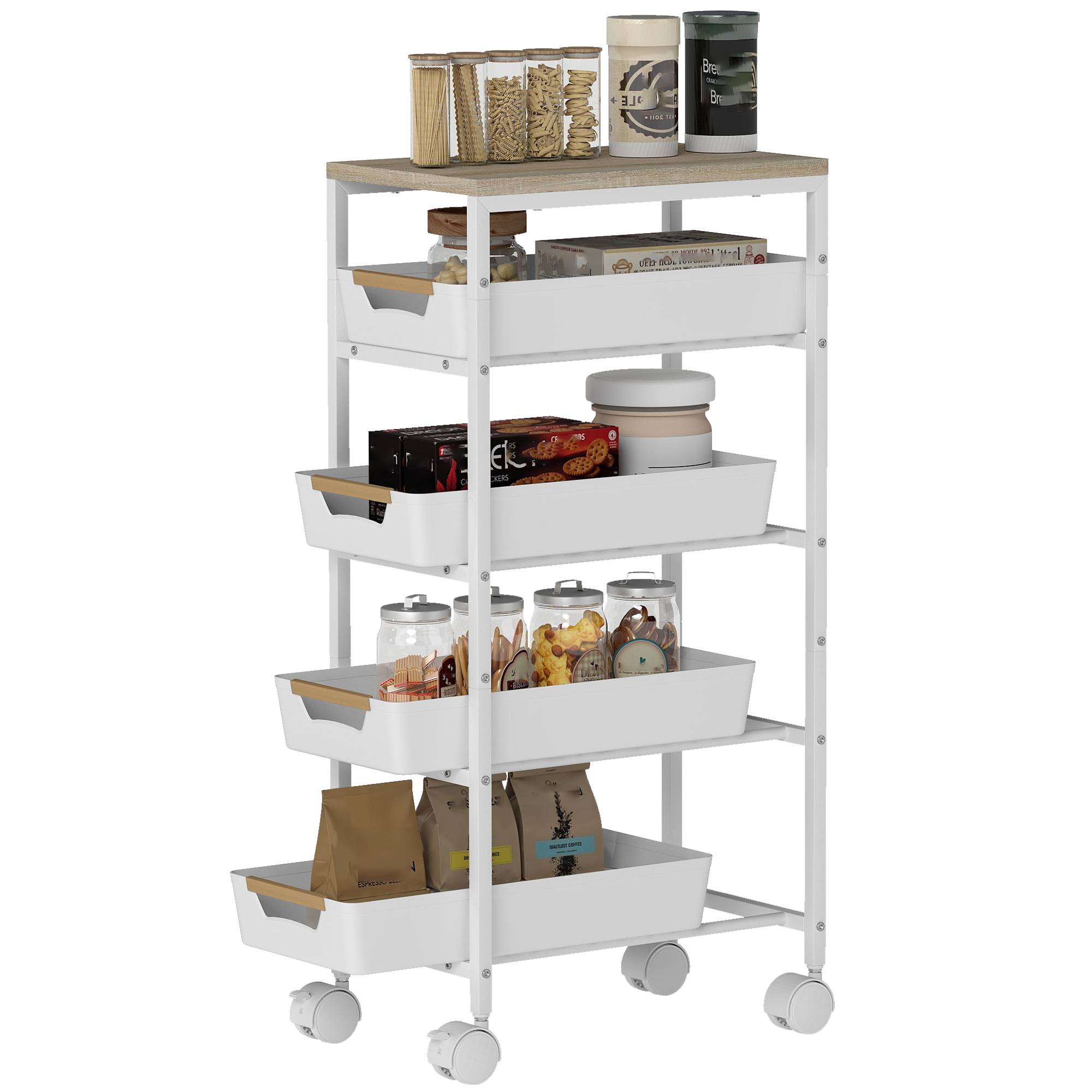 Sans Marque - Chariot cuisine 5 niveaux 4 paniers amovibles métal polypropylène bois 39,5x24x82 cm blanc chêne - Image 1