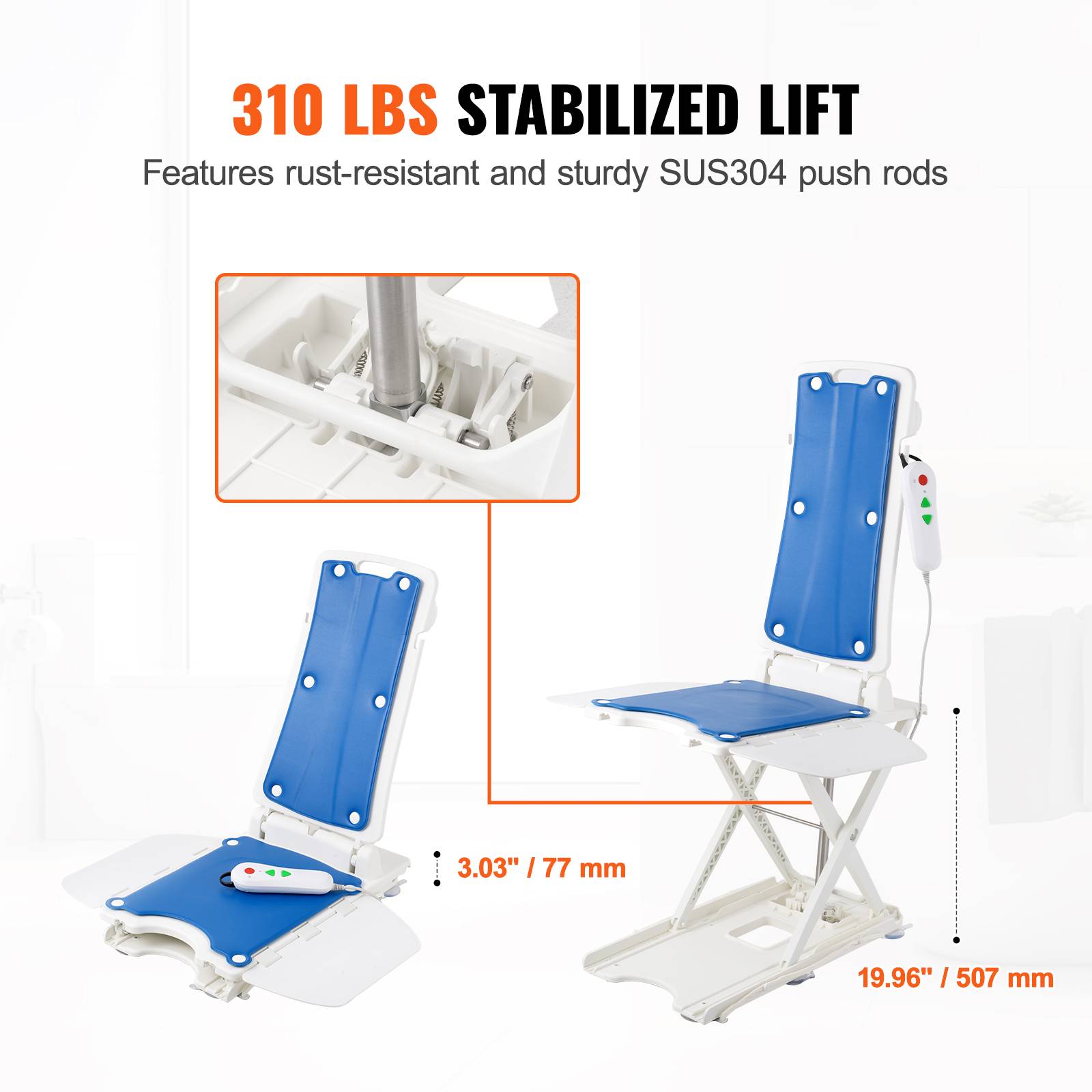 Vevor - VEVOR Élévateur de bain électrique, 77-507 mm, supporte 140,6 kg, inclinaison 45°, pour personnes âgées/patients. - Image 3