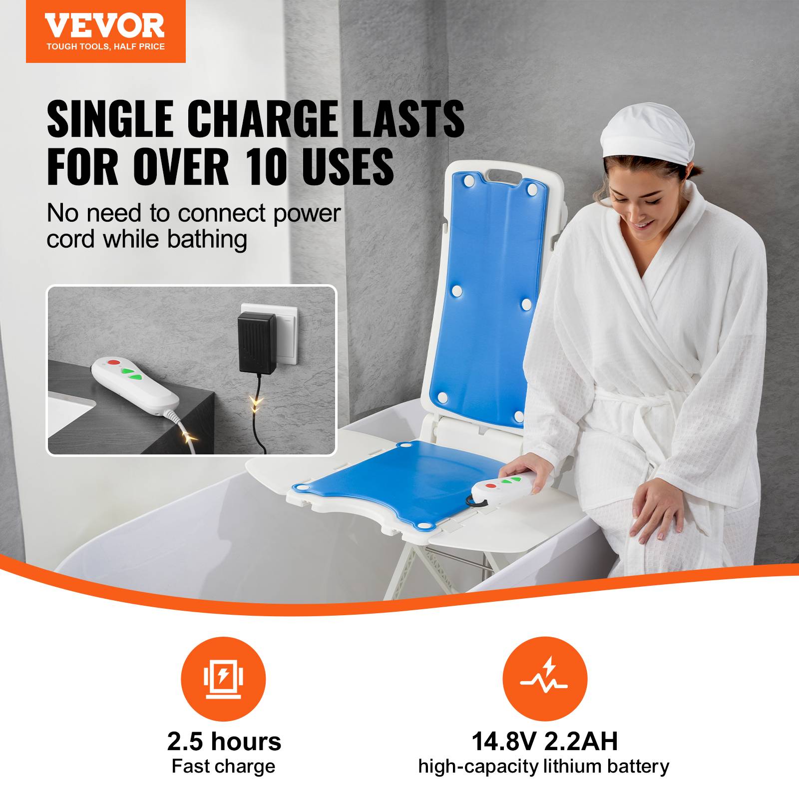 Vevor - VEVOR Élévateur de bain électrique, 77-507 mm, supporte 140,6 kg, inclinaison 45°, pour personnes âgées/patients. - Image 2