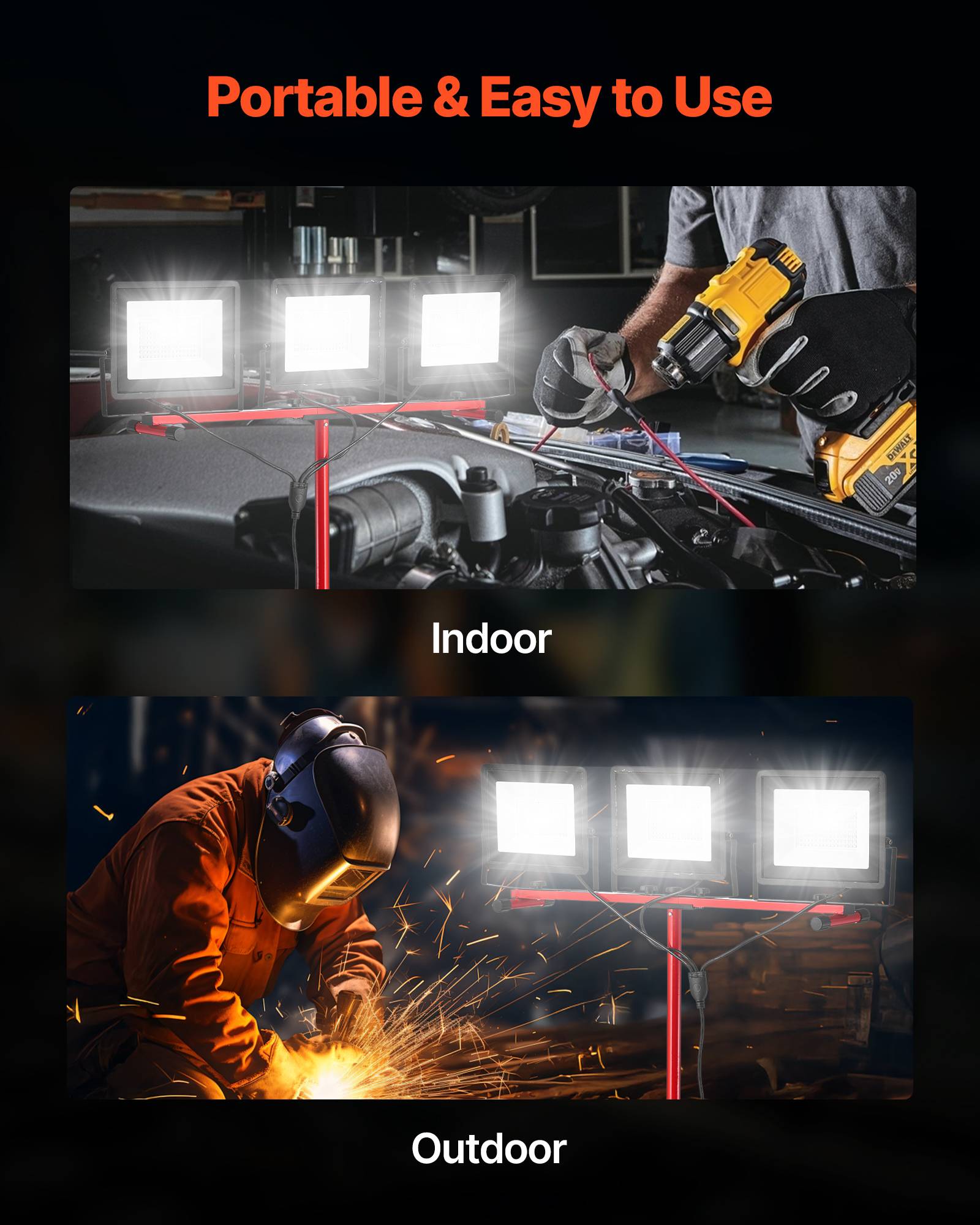 VEVOR Projecteur LED sur trépied lampe travail portable à trois têtes 15000 LM - Image 6