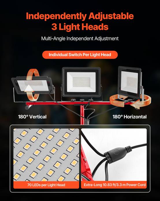 VEVOR Projecteur LED sur trépied lampe travail portable à trois têtes 15000 LM - Image 3