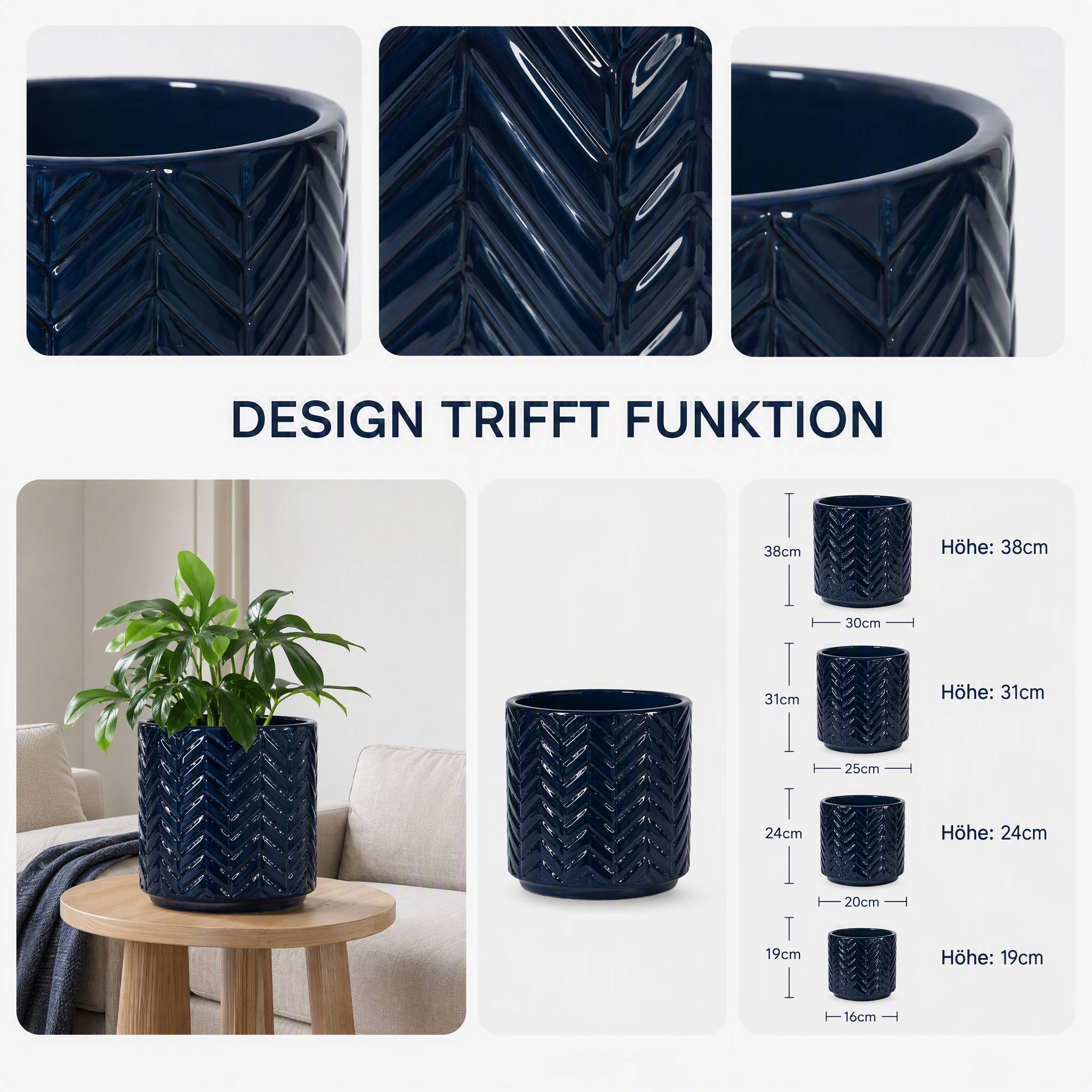 ComfortXL - Lot de 4 pots de fleurs en céramique bleu marine jusqu’à Ø38 cm intérieur extérieur avec drainage et relief - Image 3