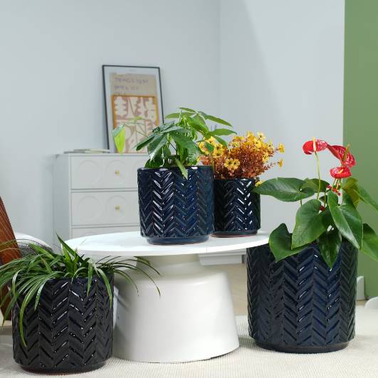 ComfortXL - Lot de 4 pots de fleurs en céramique bleu marine jusqu’à Ø38 cm intérieur extérieur avec drainage et relief