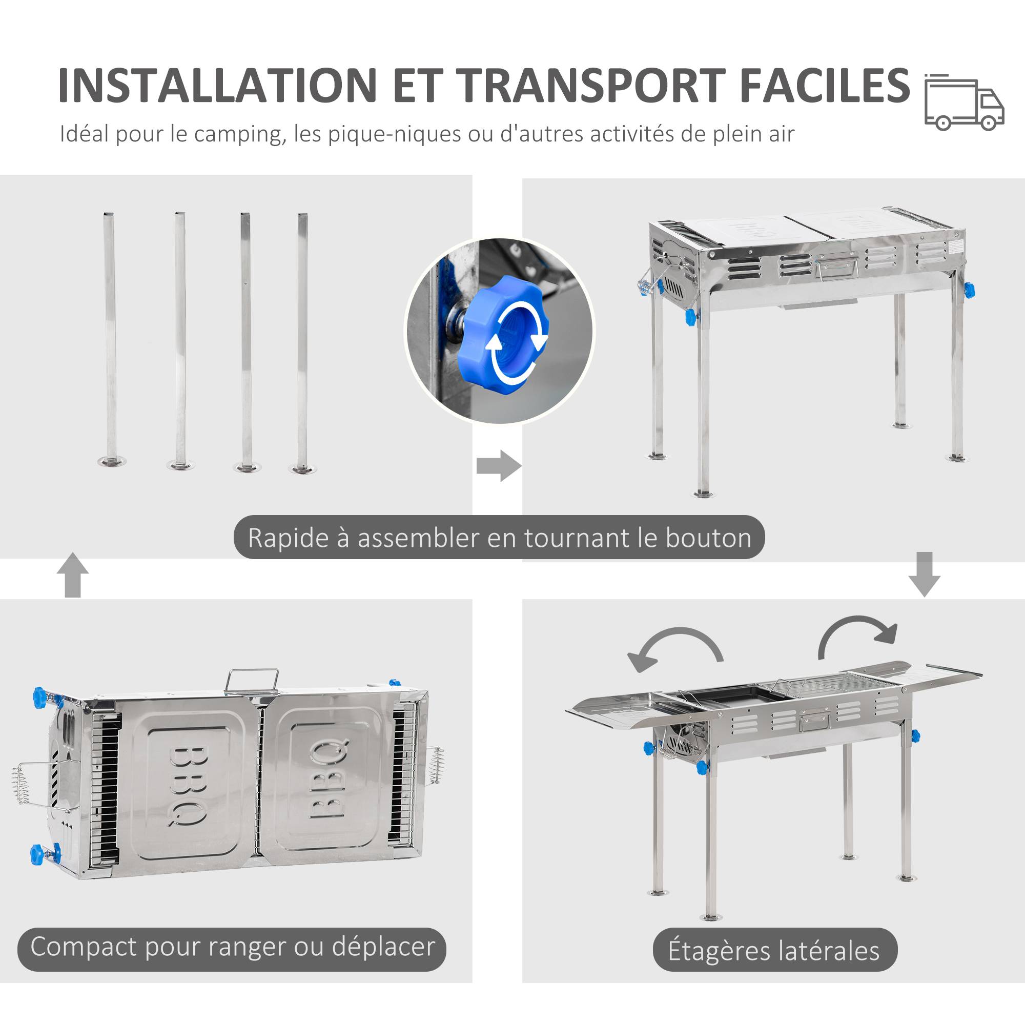 Outsunny - Barbecue à charbon pliable portable réglable - tablettes rabattables, grille, plaque teppanyaki, pinces, récupérateur cendres acier inox. - Outsunny - Imagen 2