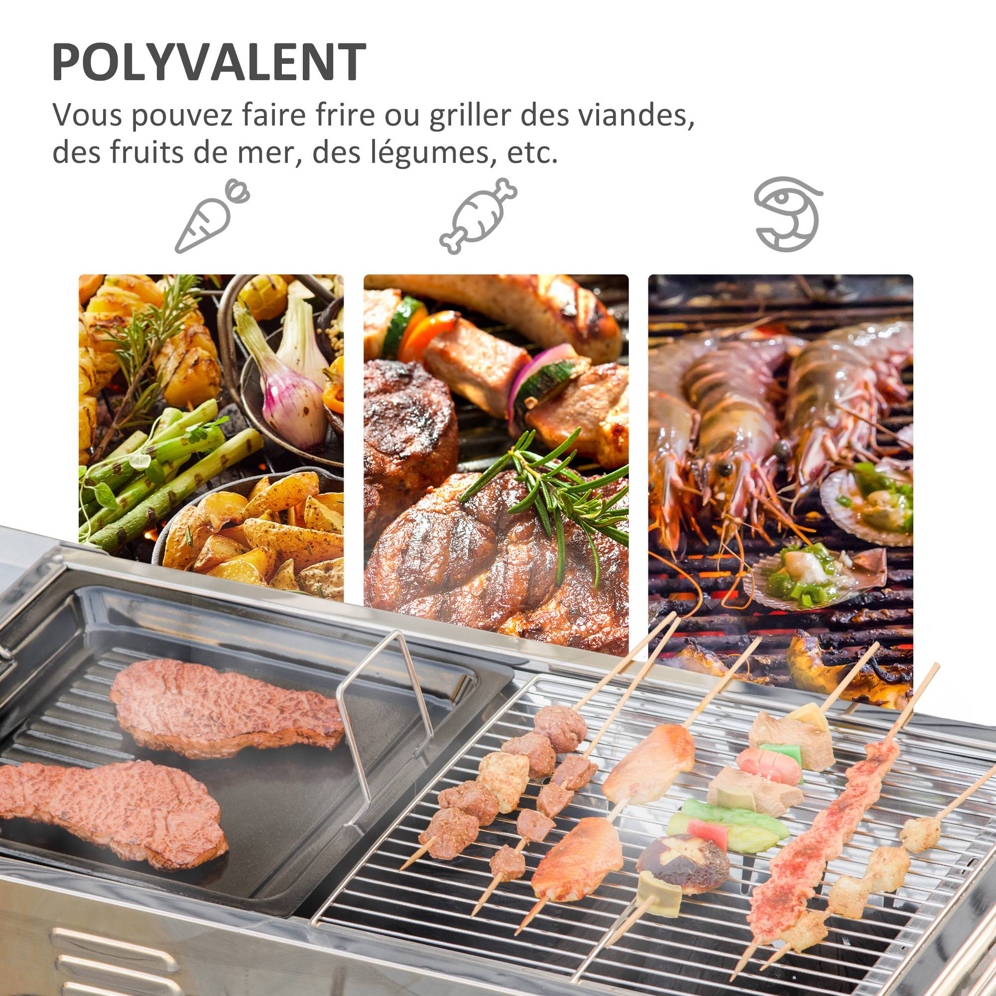 Outsunny - Barbecue à charbon pliable portable réglable - tablettes rabattables, grille, plaque teppanyaki, pinces, récupérateur cendres acier inox. - Outsunny - Imagen 4