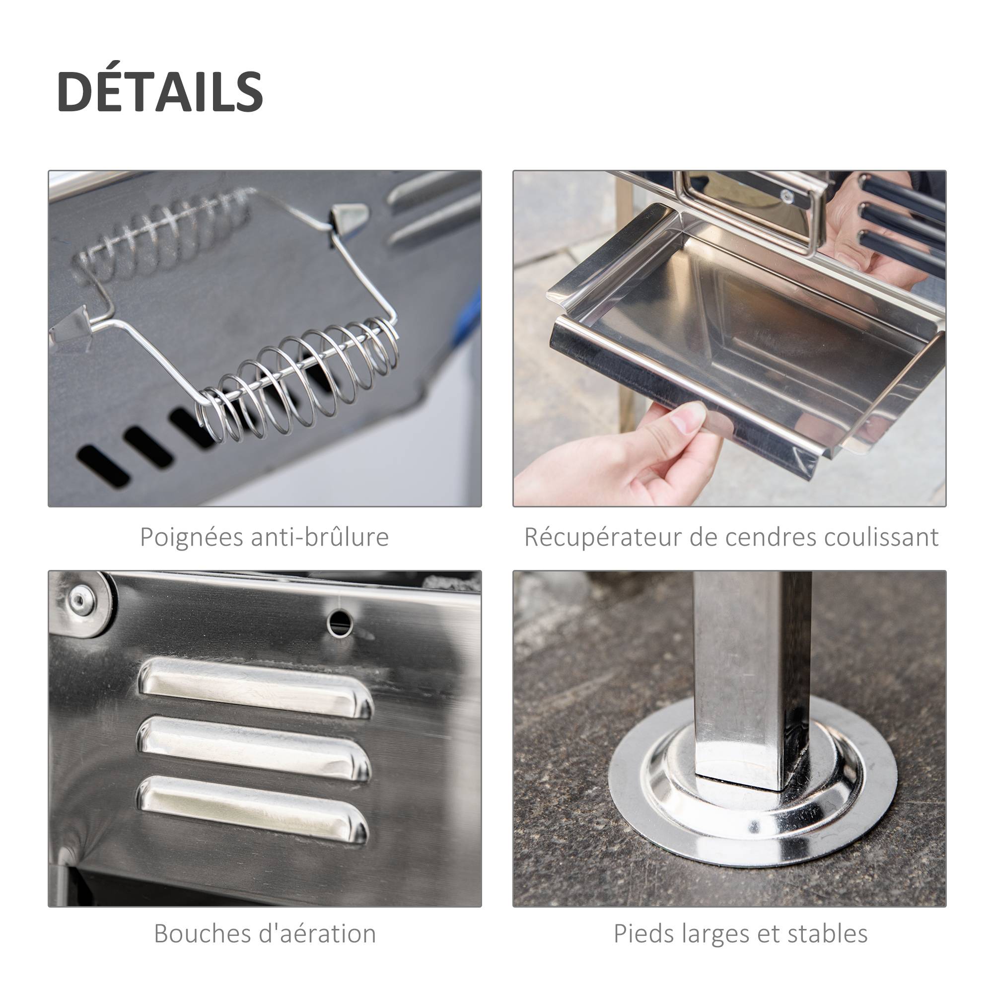 Outsunny - Barbecue à charbon pliable portable réglable - tablettes rabattables, grille, plaque teppanyaki, pinces, récupérateur cendres acier inox. - Outsunny - Imagen 5