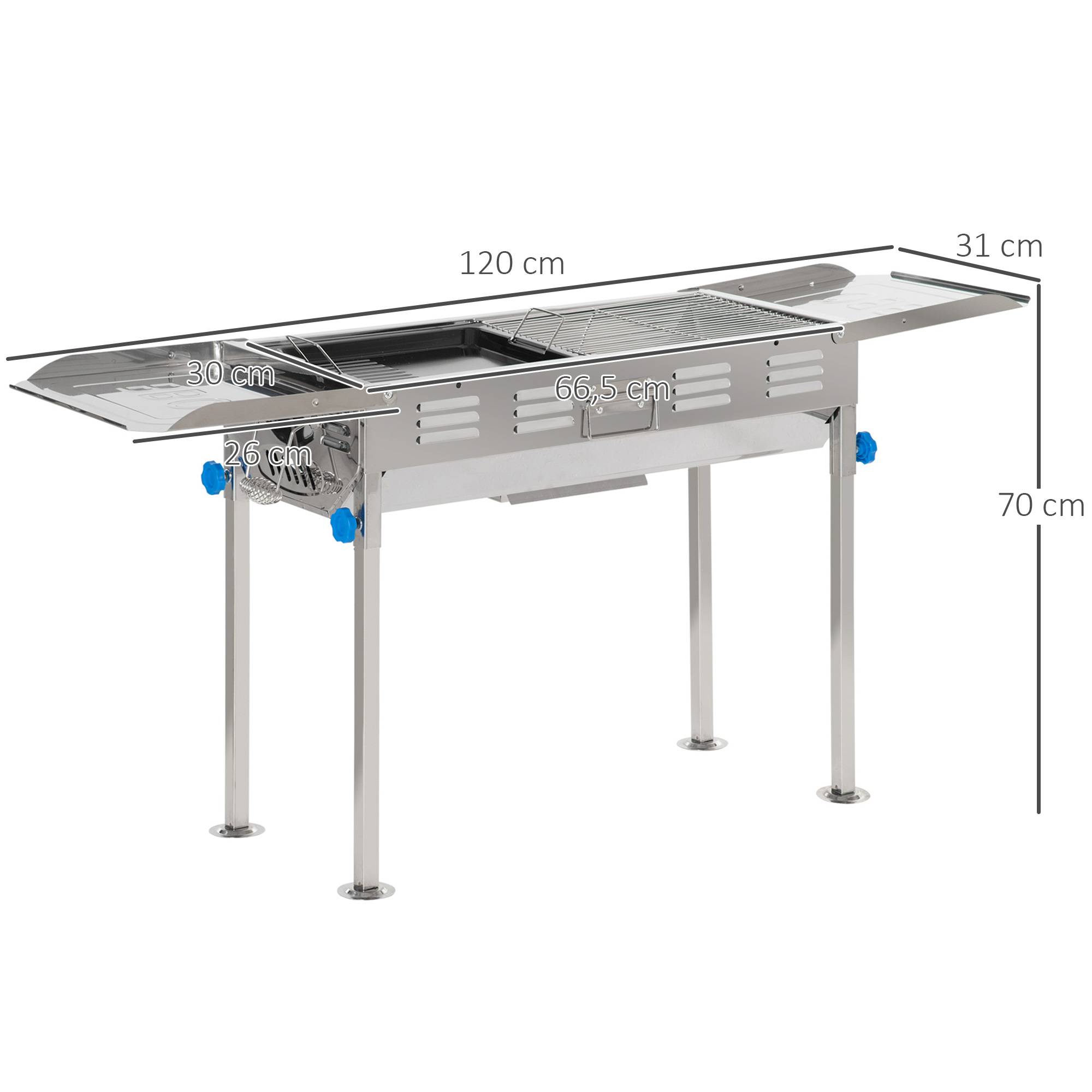 Outsunny - Barbecue à charbon pliable portable réglable - tablettes rabattables, grille, plaque teppanyaki, pinces, récupérateur cendres acier inox. - Outsunny - Imagen 3