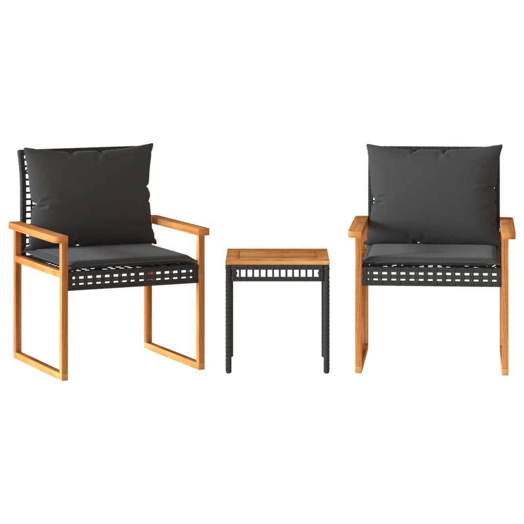 Ensemble de bistro 3 pcs | Mobilier d'extérieur et coussins noir résine tressée acacia Maison Chic - Image 1