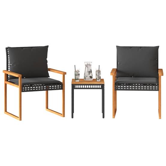 Ensemble de bistro 3 pcs | Mobilier d'extérieur et coussins noir résine tressée acacia Maison Chic - Image 2