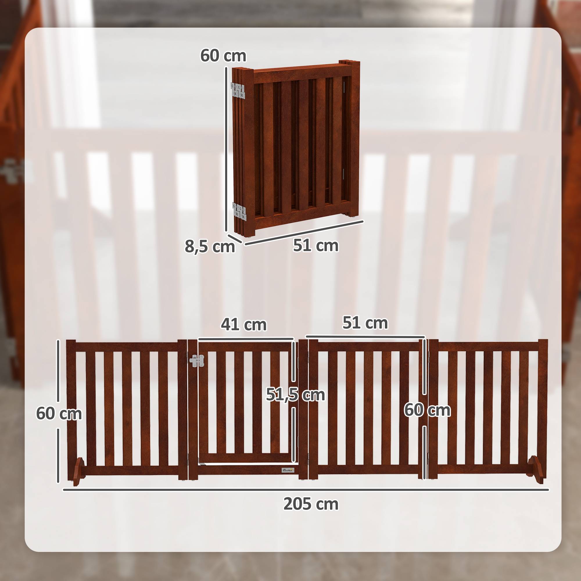 Barrière de sécurité pour chiens pour escaliers et portes, pliable avec support autoportant, 205 x 30 x 60 cm, marron - Image 5