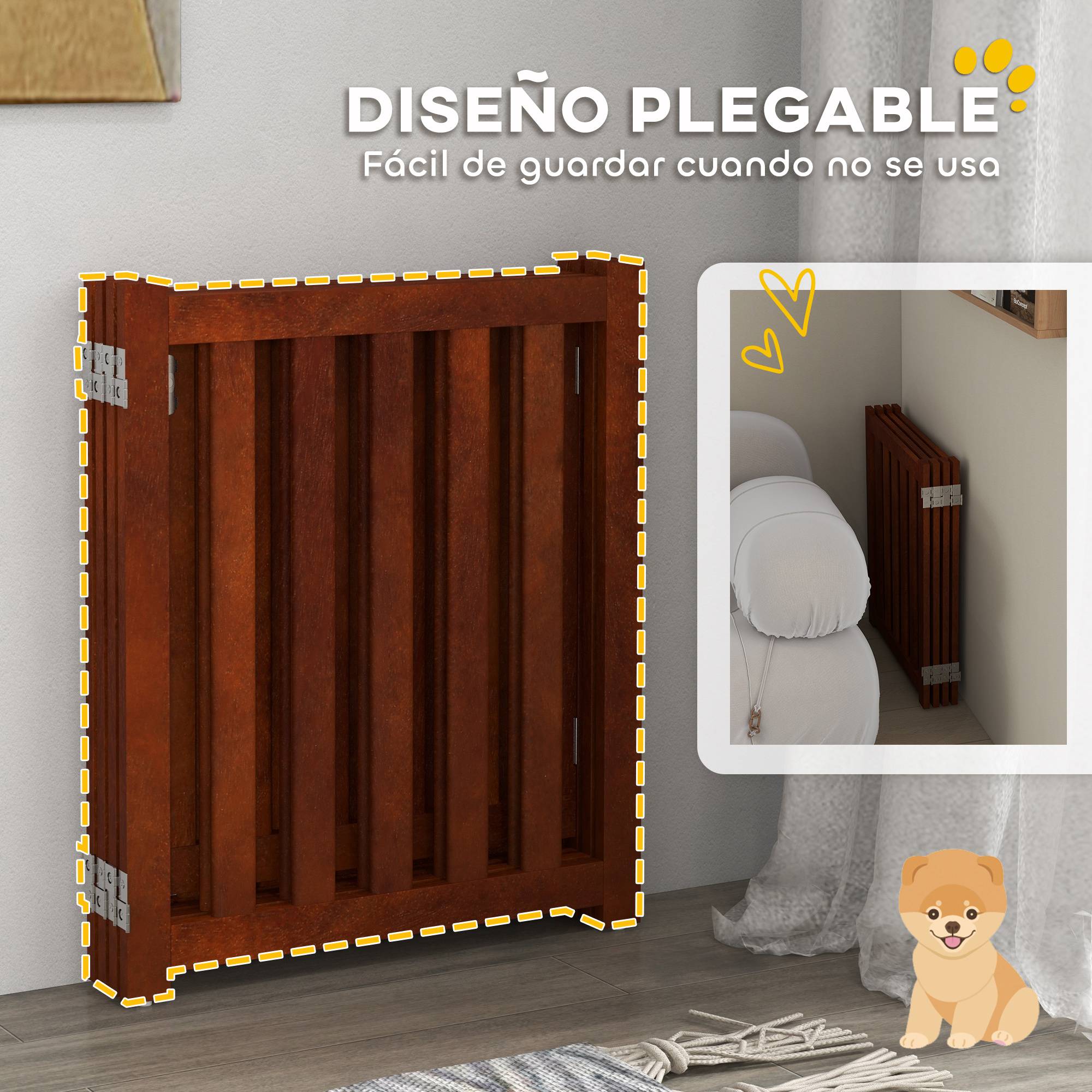 Barrière de sécurité pour chiens pour escaliers et portes, pliable avec support autoportant, 205 x 30 x 60 cm, marron - Image 8