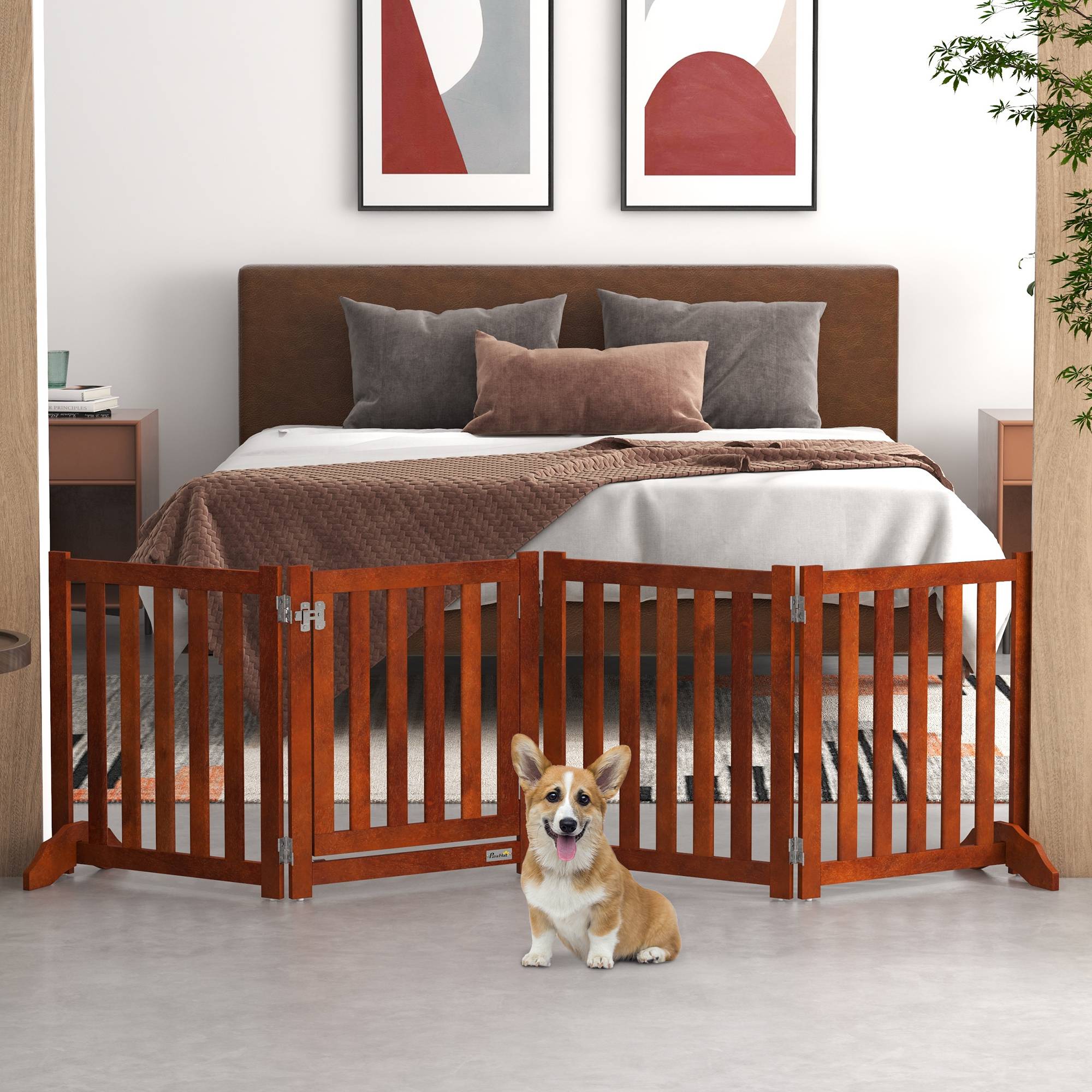 Barrière de sécurité pour chiens pour escaliers et portes, pliable avec support autoportant, 205 x 30 x 60 cm, marron - Image 4