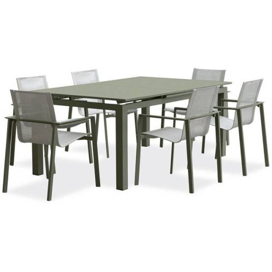 Dcb Garden - Lot composé d'une table de jardin + 6 fauteuils - Kaki - Miami - Fauteuils empilables - Image 1