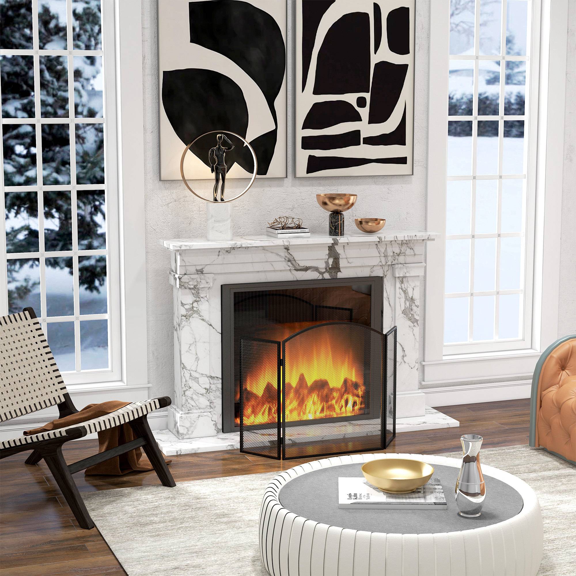 Pare-feu pliable à 3 panneaux avec cadre en acier 96 x 62 cm noir - Image 9