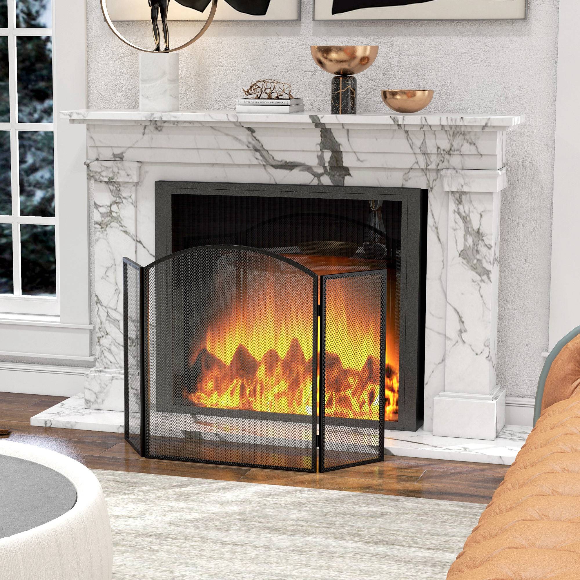 Pare-feu pliable à 3 panneaux avec cadre en acier 96 x 62 cm noir - Image 4