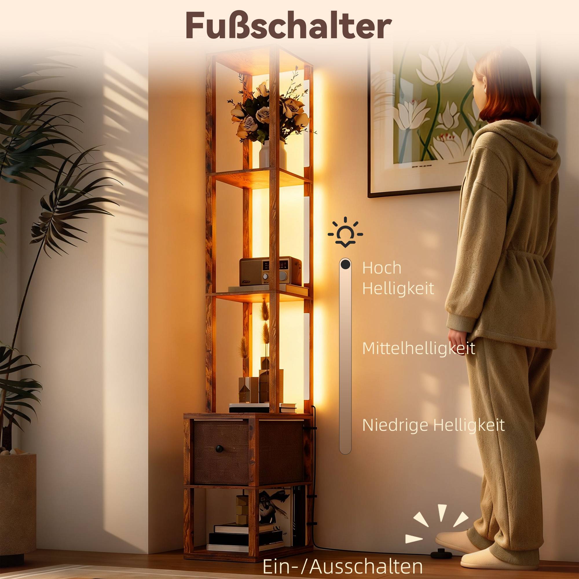 Lampadaire LED avec étagères, luminosité réglable, interrupteur au pied pour chambre, marron rustique - Image 8