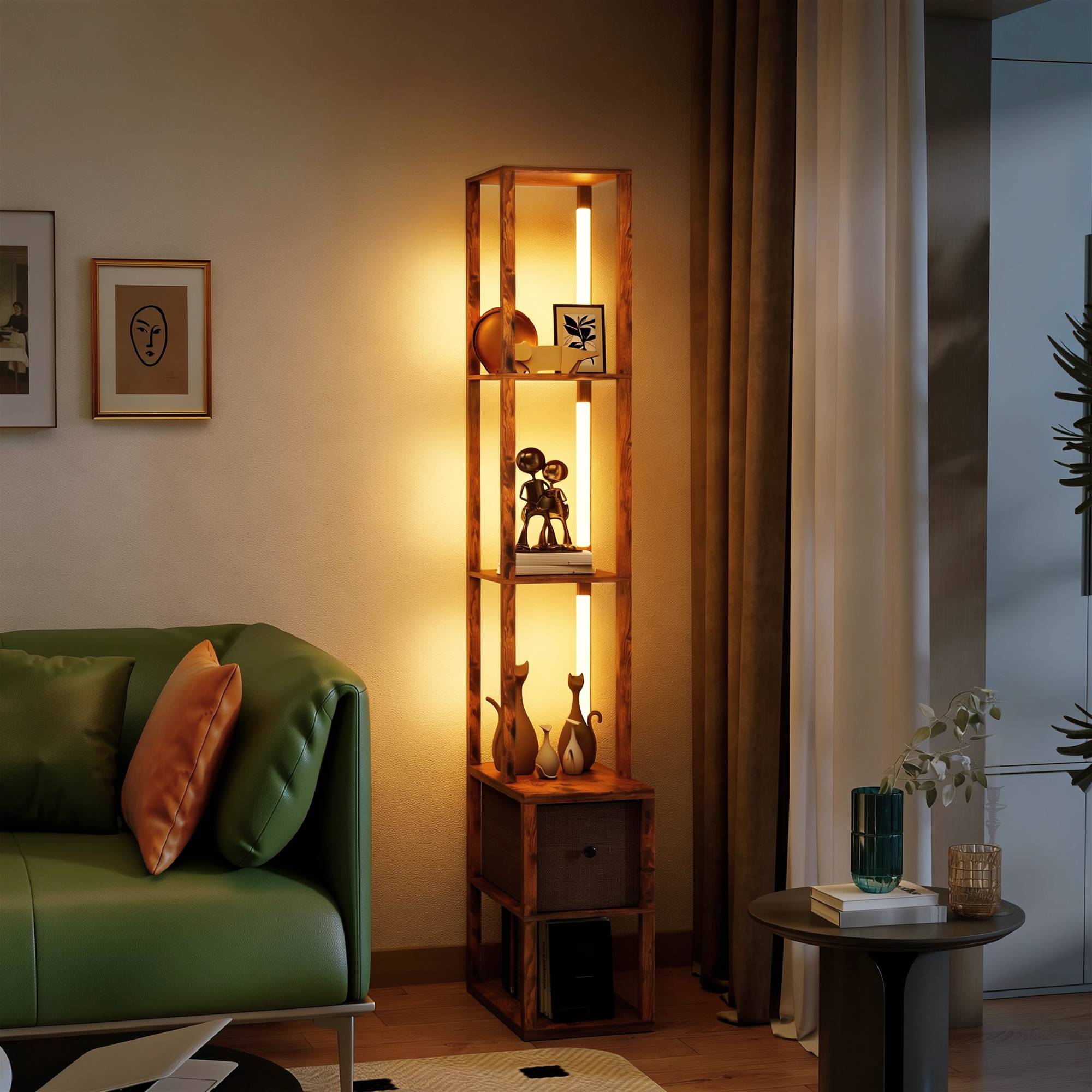 Lampadaire LED avec étagères, luminosité réglable, interrupteur au pied pour chambre, marron rustique - Image 9