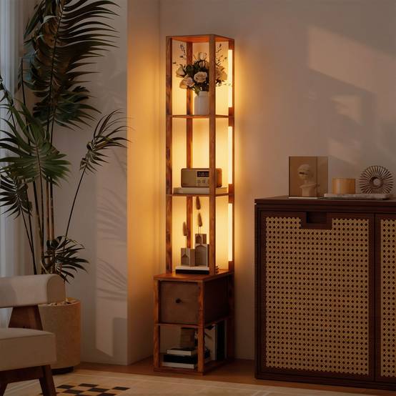 Lampadaire LED avec étagères, luminosité réglable, interrupteur au pied pour chambre, marron rustique - Image 4