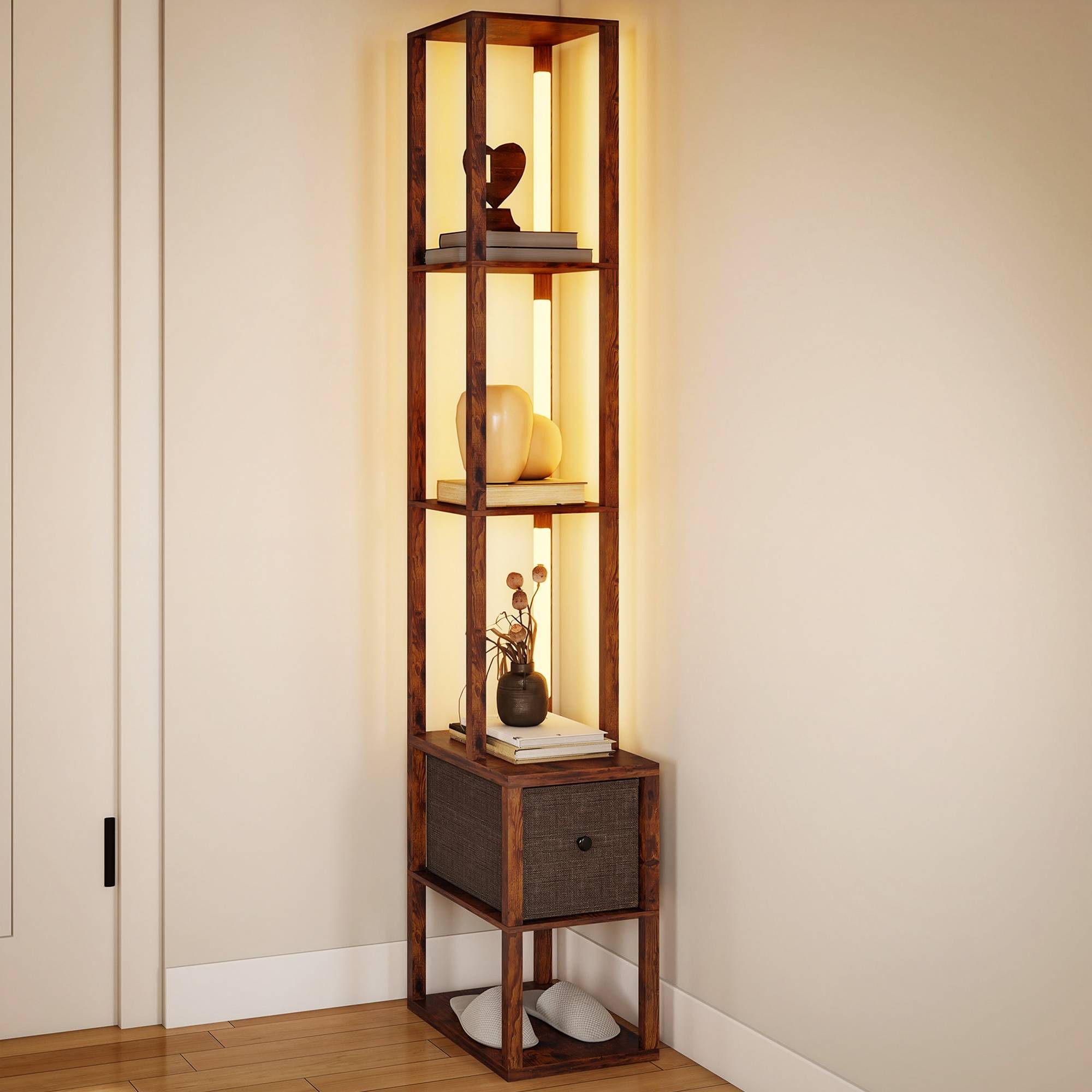 Lampadaire LED avec étagères, luminosité réglable, interrupteur au pied pour chambre, marron rustique - Image 1