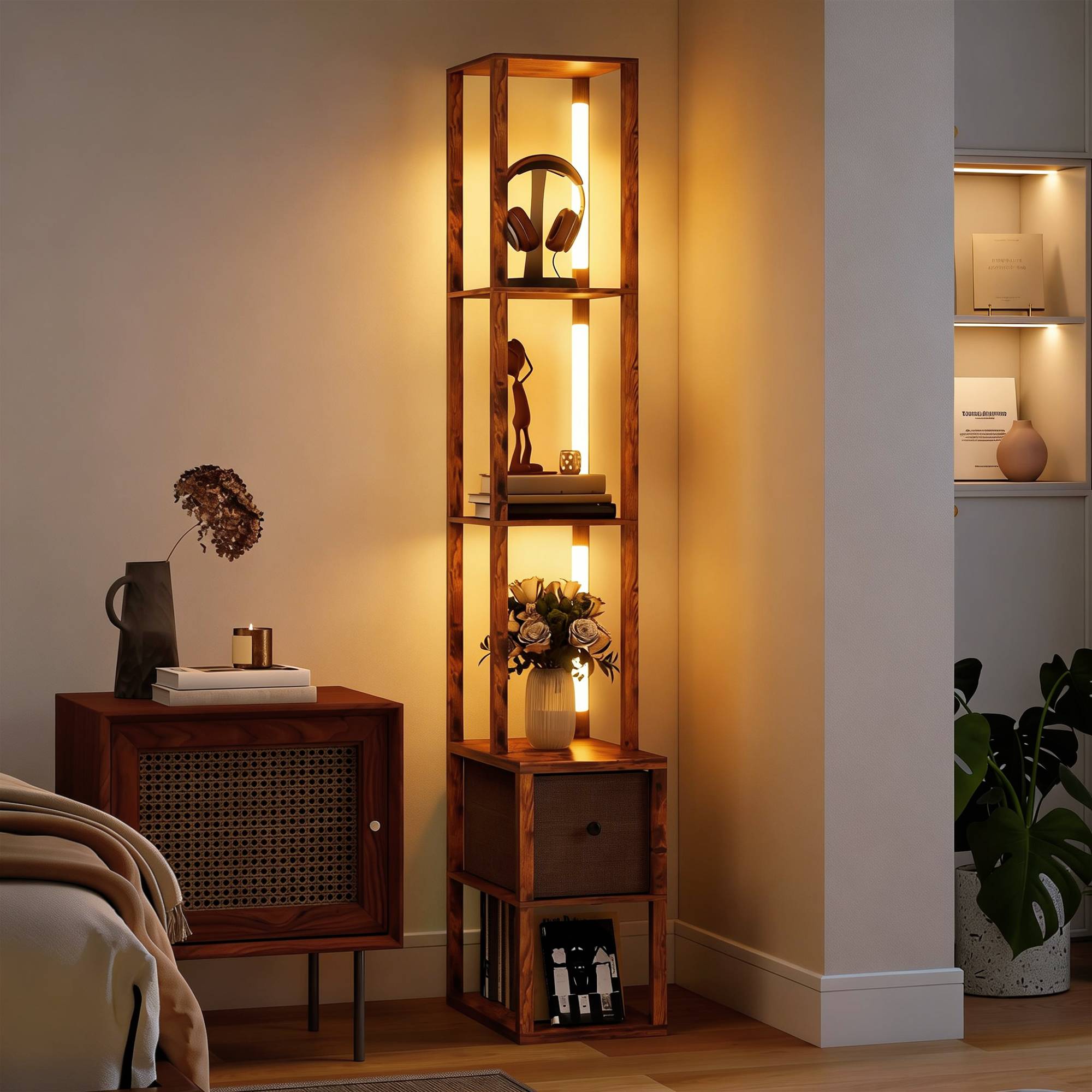 Lampadaire LED avec étagères, luminosité réglable, interrupteur au pied pour chambre, marron rustique - Image 3