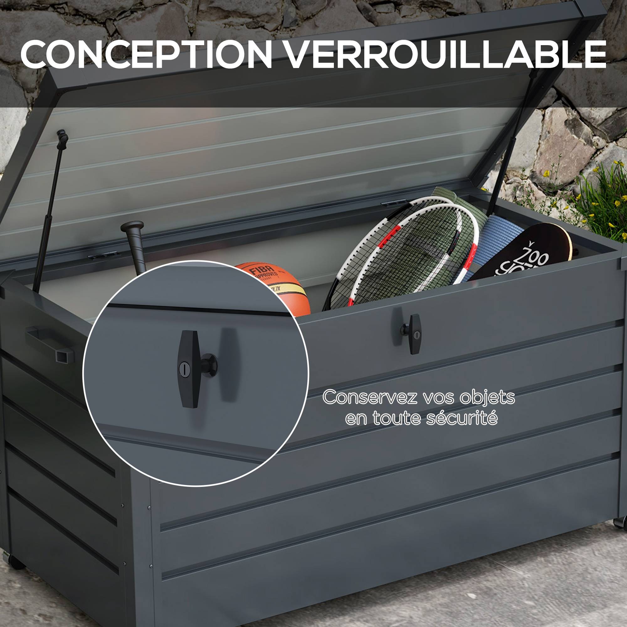 Coffre de rangement extérieur 311L, avec vérin à gaz, roulettes et poignée, en acier galvanisé, 120x62x66 cm, gris - Image 9
