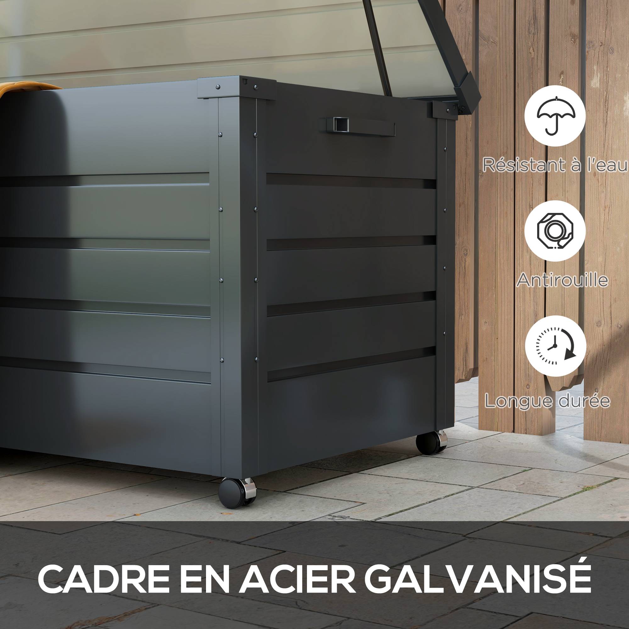 Coffre de rangement extérieur 311L, avec vérin à gaz, roulettes et poignée, en acier galvanisé, 120x62x66 cm, gris - Image 7