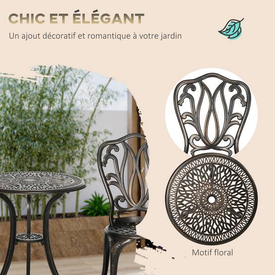Ensemble salon de jardin 2 places 2 chaises + table ronde fonte d'aluminium imitation fer forgé vert - Image 9