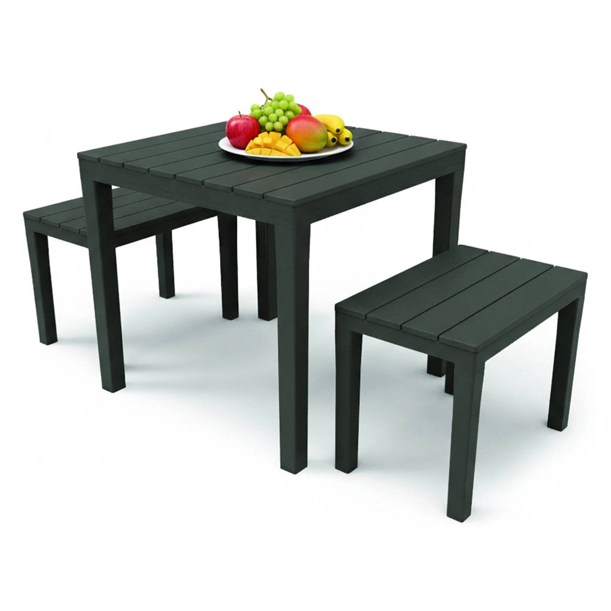 Dmora - Salon d'extérieur Dkabash, Composition de jardin avec 1 table carrée et 2 bancs, Salon intérieur et extérieur de Pic Nic, Anthracite - Dmora - Imagen 1