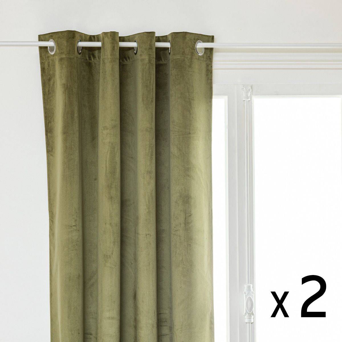 Atmosphera - Lot de 2 Rideaux à  œillets Occultant Velours Vert Kaki 140 x 260 cm - Imagen 1