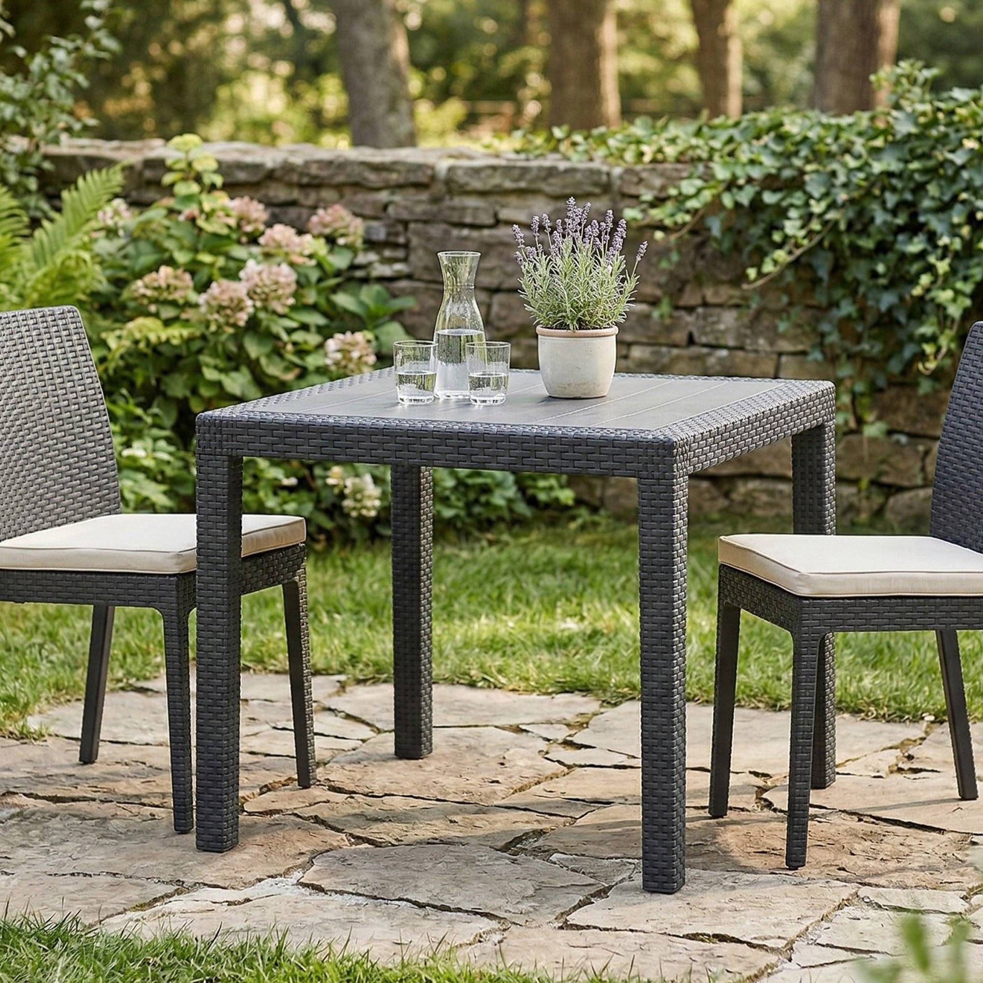 Dmora - Table d'extérieur Daanan, Table de jardin carrée, Etagère fixe effet rotin, 100% Made in Italy, 80x80h72 cm, Anthracite - Dmora - Imagen 2