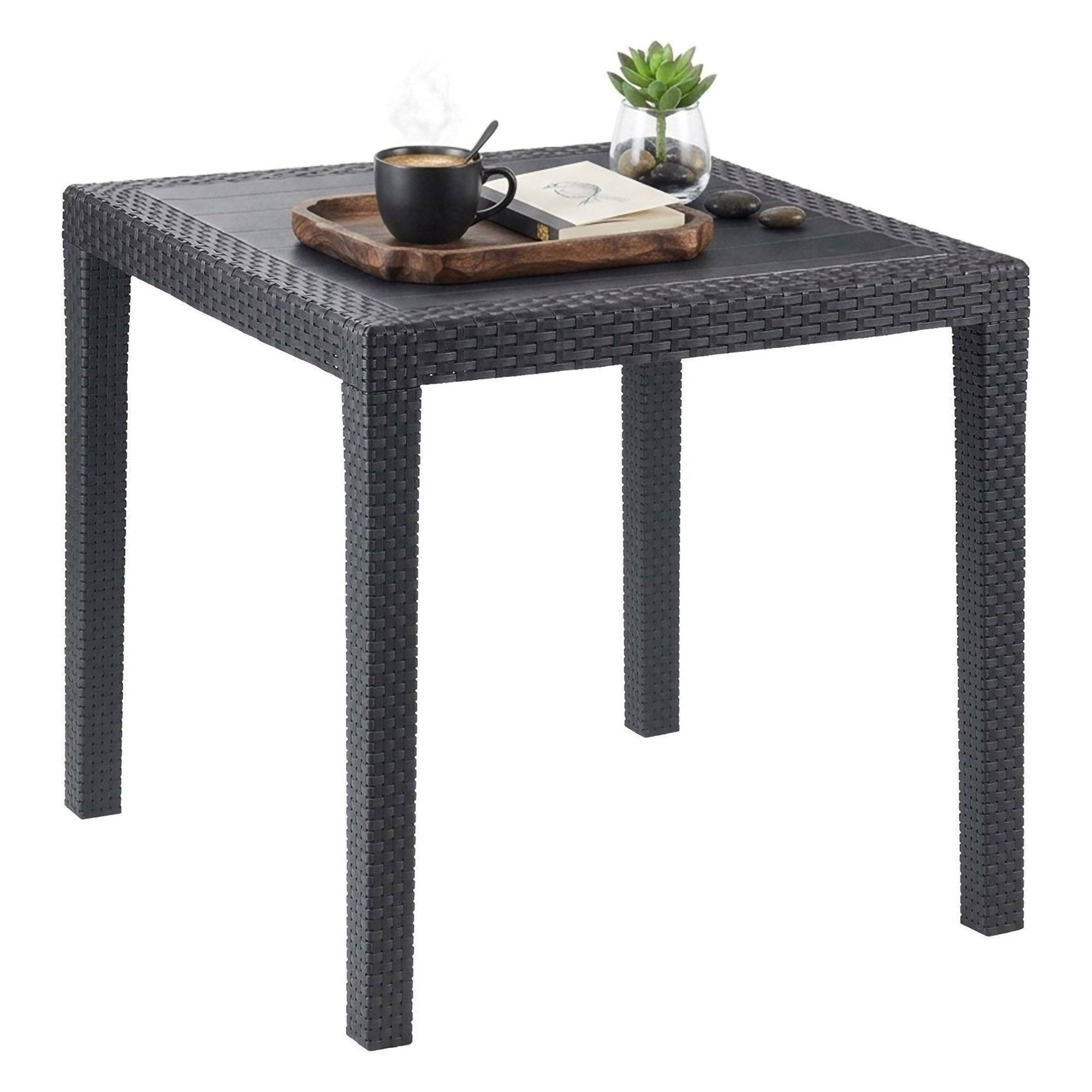 Dmora - Table d'extérieur Daanan, Table de jardin carrée, Etagère fixe effet rotin, 100% Made in Italy, 80x80h72 cm, Anthracite - Dmora - Imagen 1