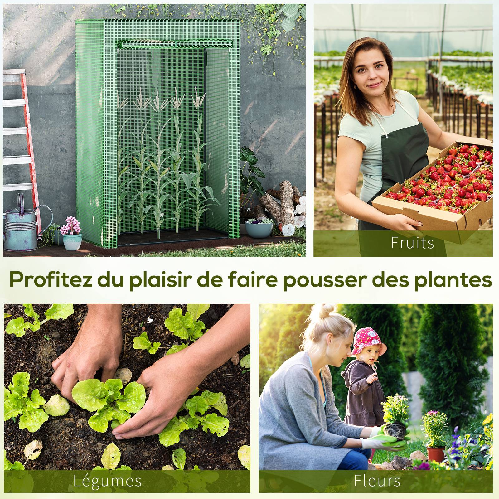 Serre de jardin, serre de balcon, bâche renforcée PE, châssis en acier, porte zippée enroulable, 100 x 50 x 150 cm vert - Image 8