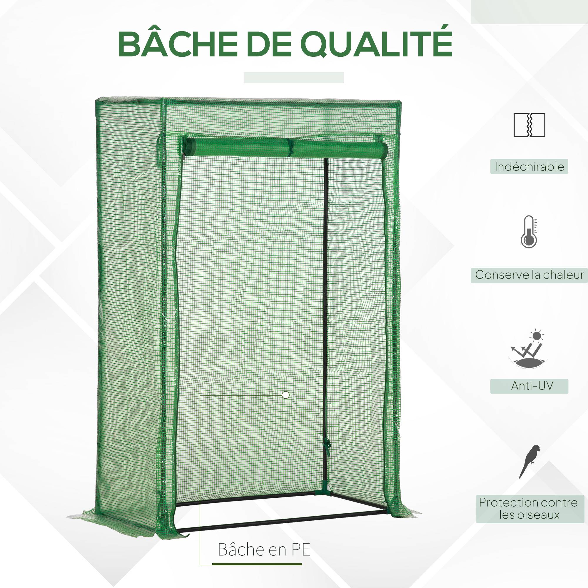 Serre de jardin, serre de balcon, bâche renforcée PE, châssis en acier, porte zippée enroulable, 100 x 50 x 150 cm vert - Image 6