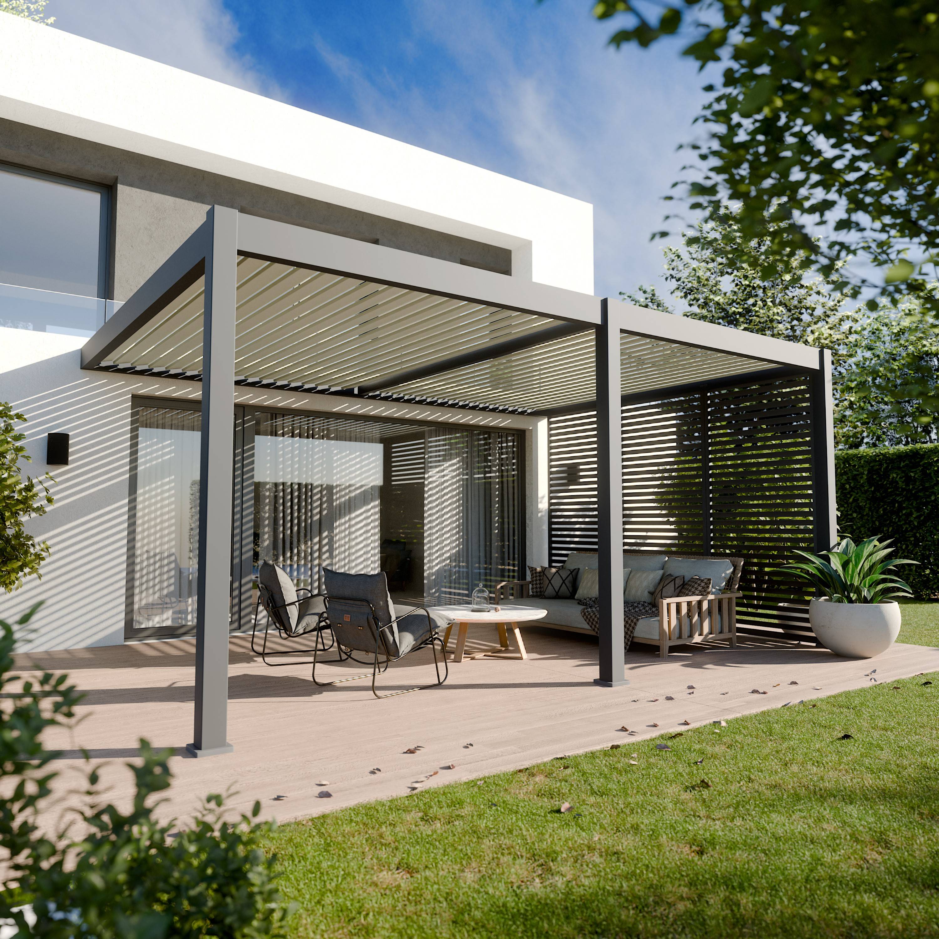 Pergola Bioclimatique Aluminium Adossée 19m² - 3,6x5,3 - Panneaux Vénitiens - Anthracite - 34 lames en Aluminium a 120 degrés - Image 1