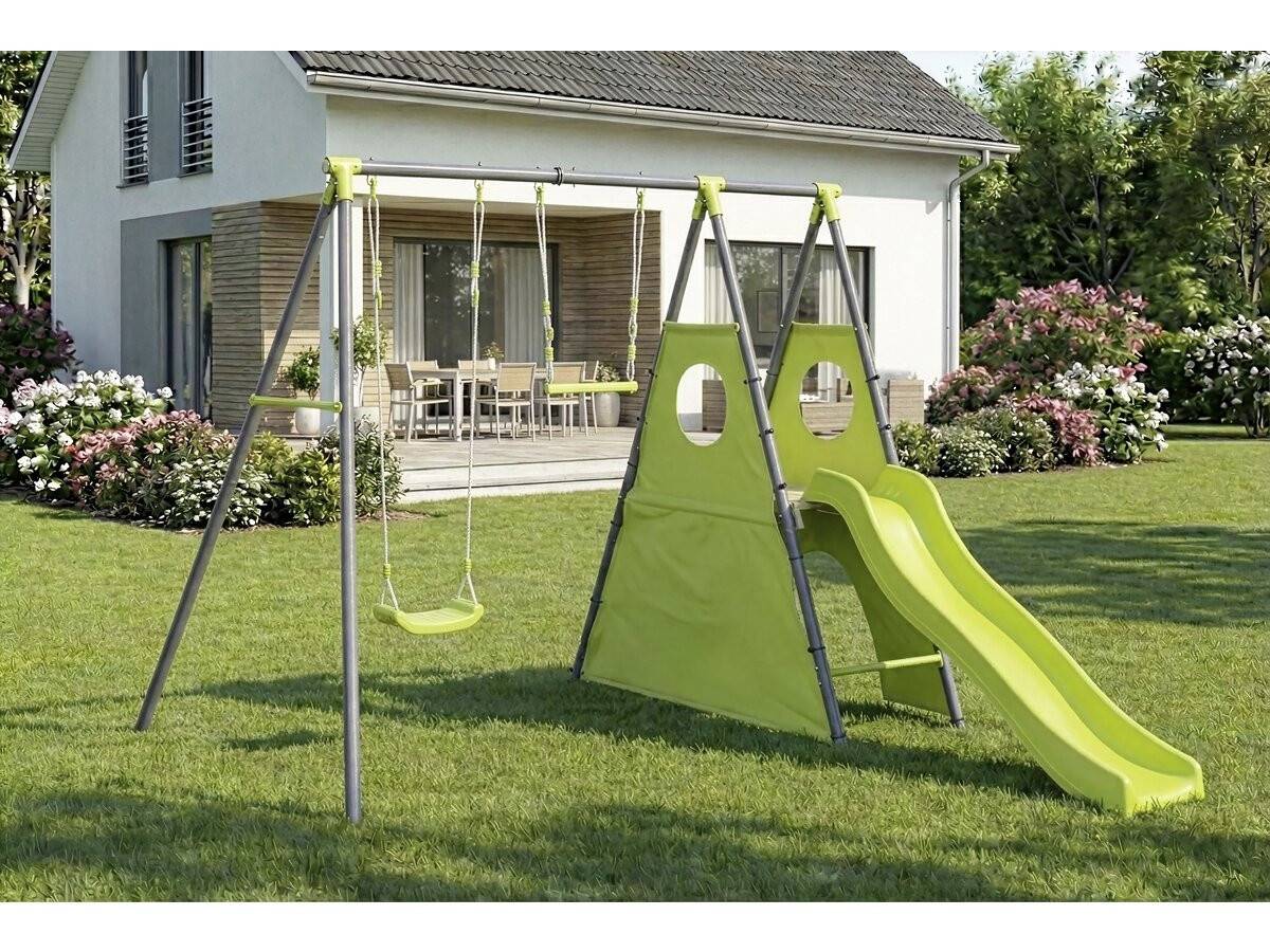 Habitat Et Jardin - Portique De Jeu En Métal Avec Toboggan "kylian" - 4 Agrès - Vert -habitat Et Jardin - Image 2