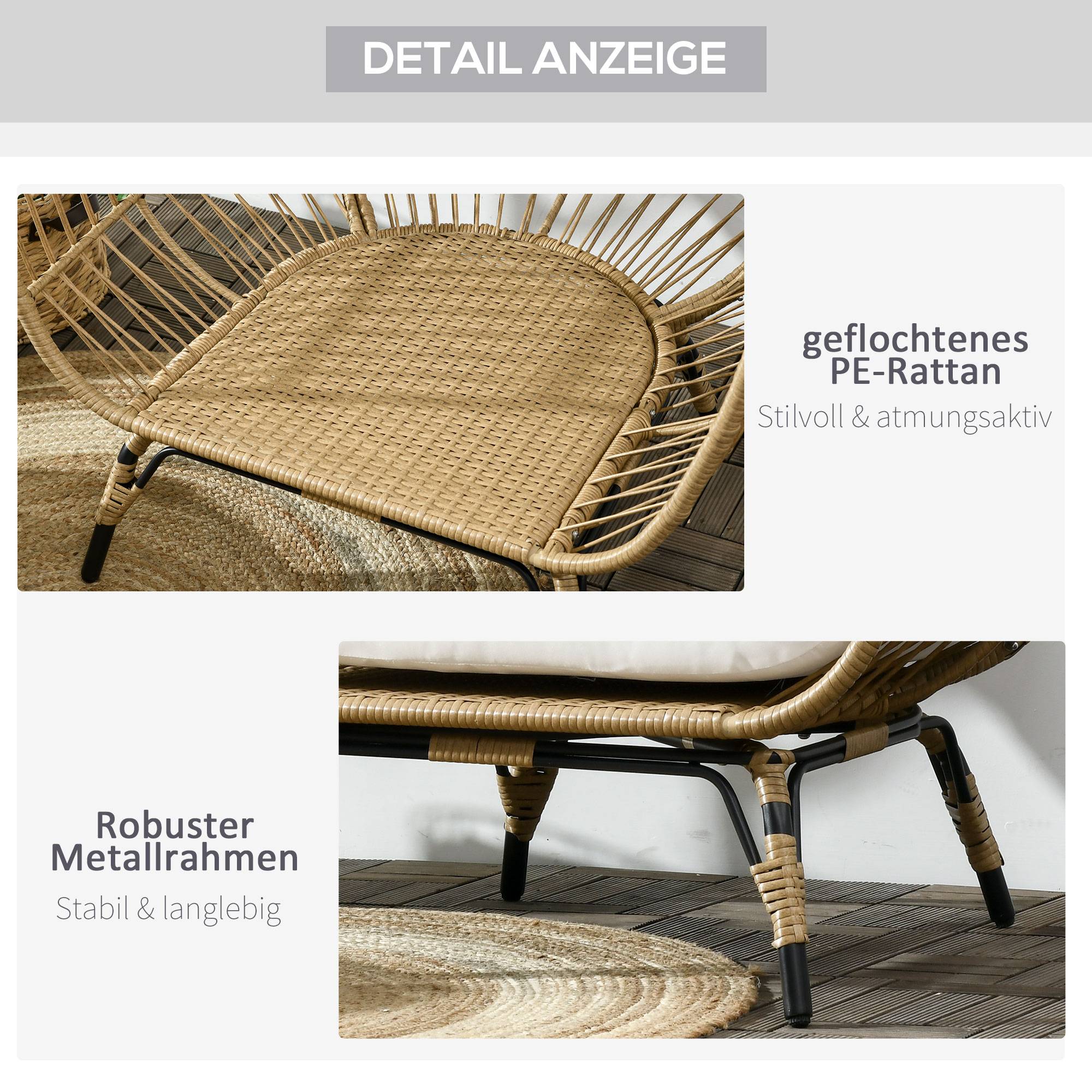 ComfortXL - Fauteuil cocon de jardin en résine tressée kaki beige 105 x 90 x 148 cm coussins épais pieds réglables - Image 7