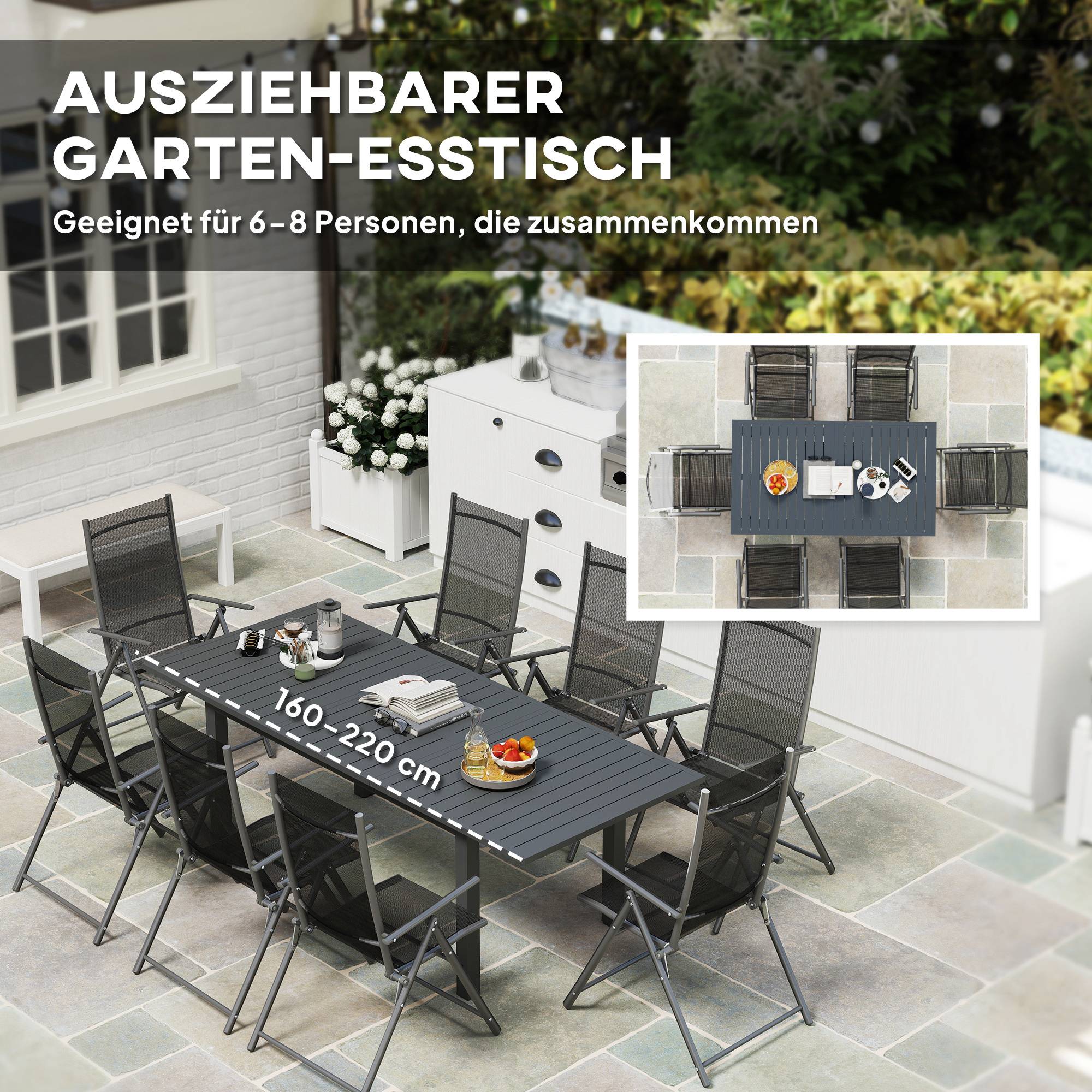 Table de jardin extensible en aluminium, 160/220 x 90 cm, résistante aux intempéries, table de balcon, antidérapante, table de buffet, grise - Image 6