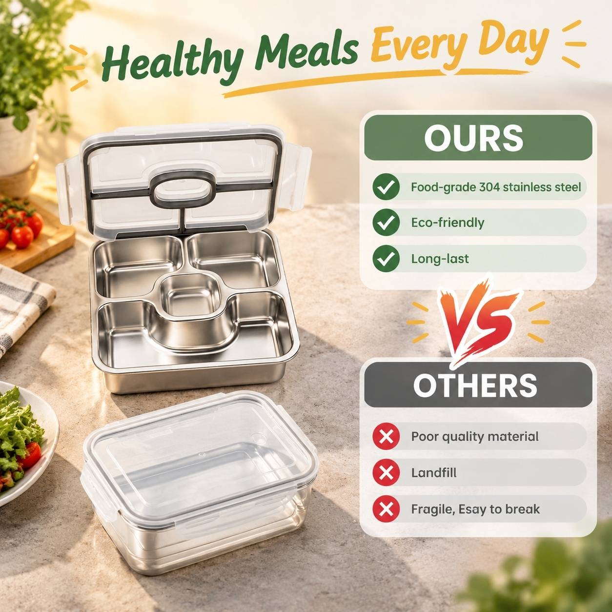 Lot de 2 Boîtes Repas Acier Inoxydable 4 Compartiments - Image 6